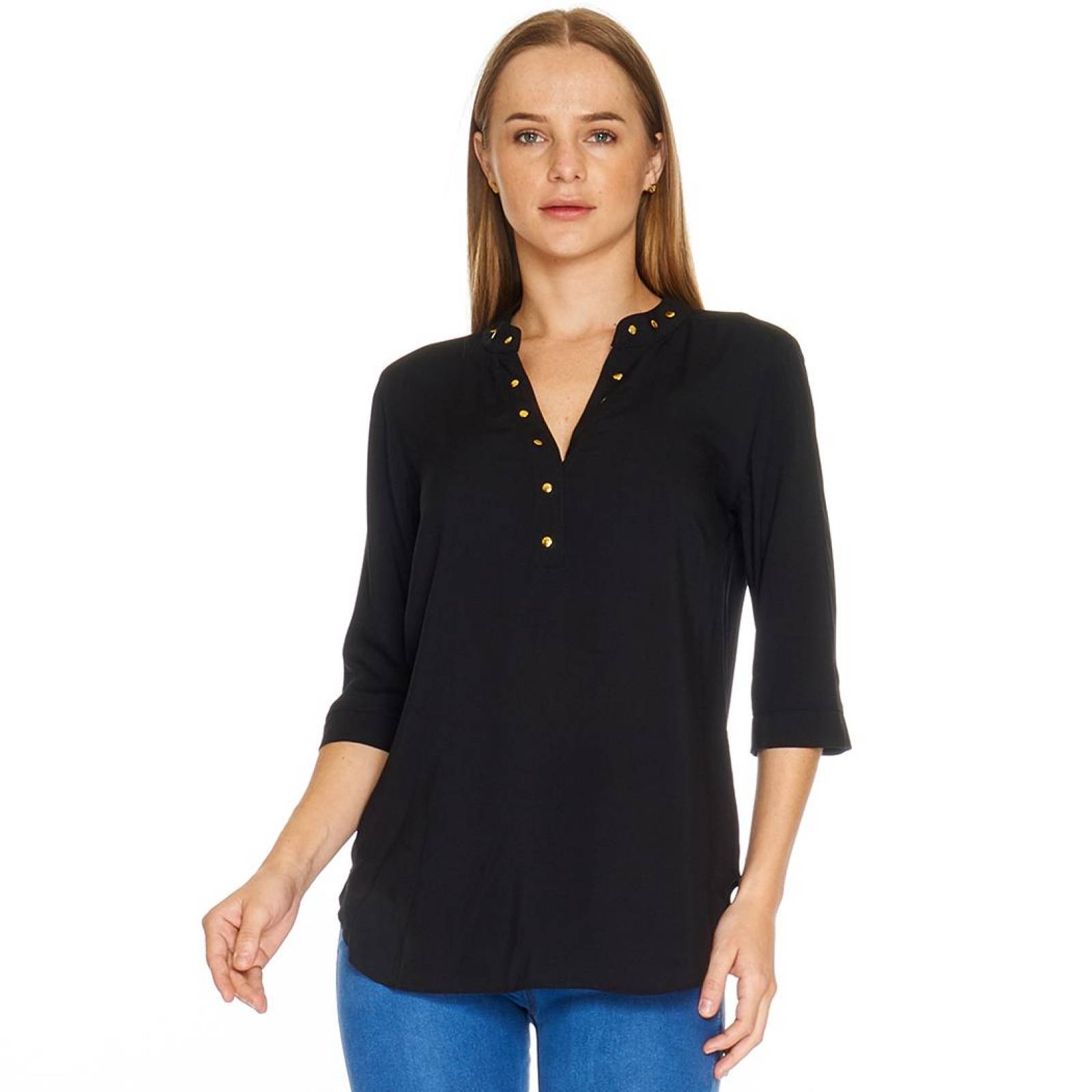 Blusa Para Mujer Cuello Mao Manga Con Detalle Estoperoles