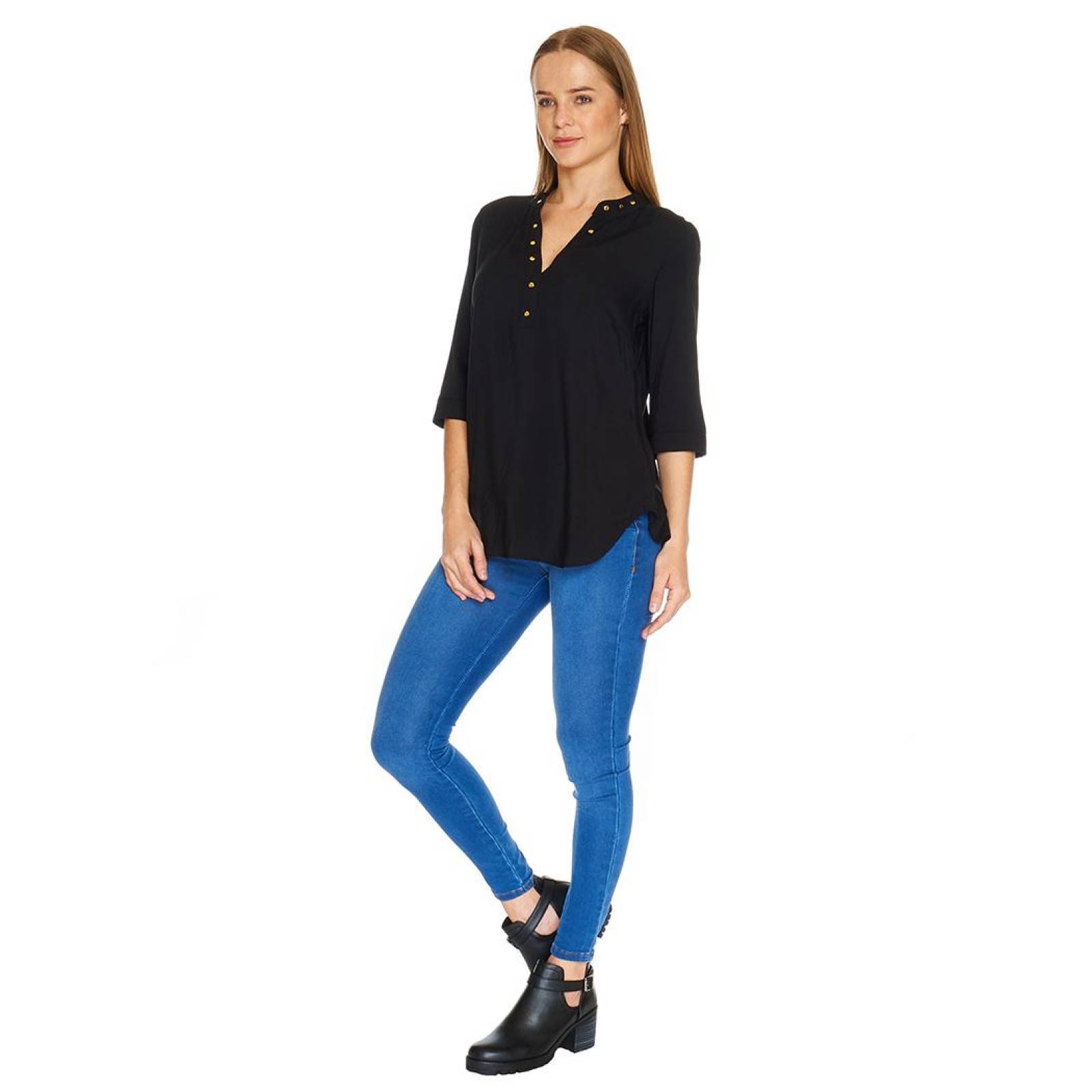 Blusa Para Mujer Cuello Mao Manga Con Detalle Estoperoles