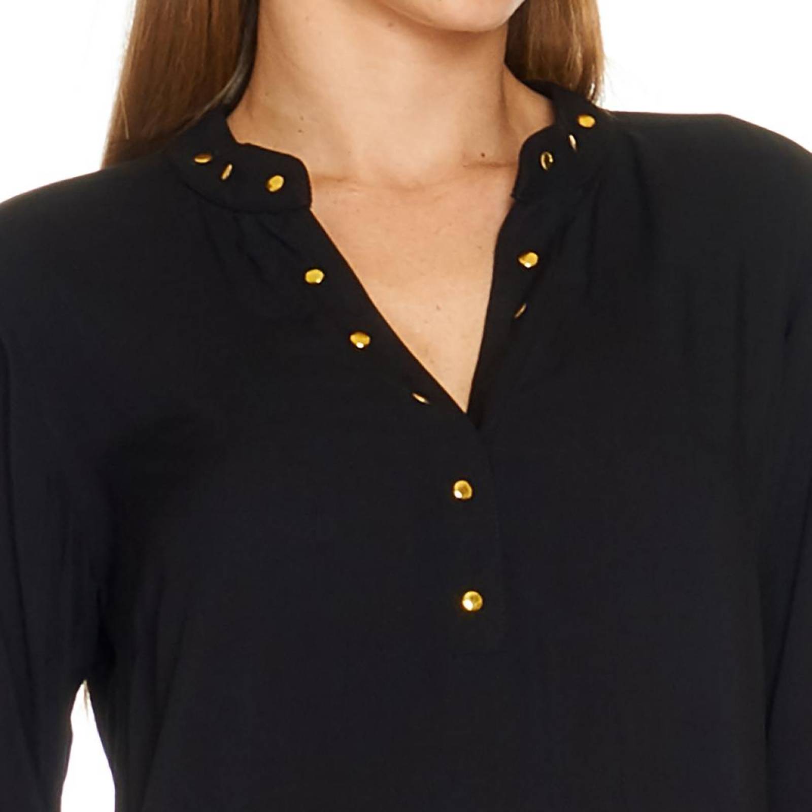 Blusa Para Mujer Cuello Mao Manga Con Detalle Estoperoles