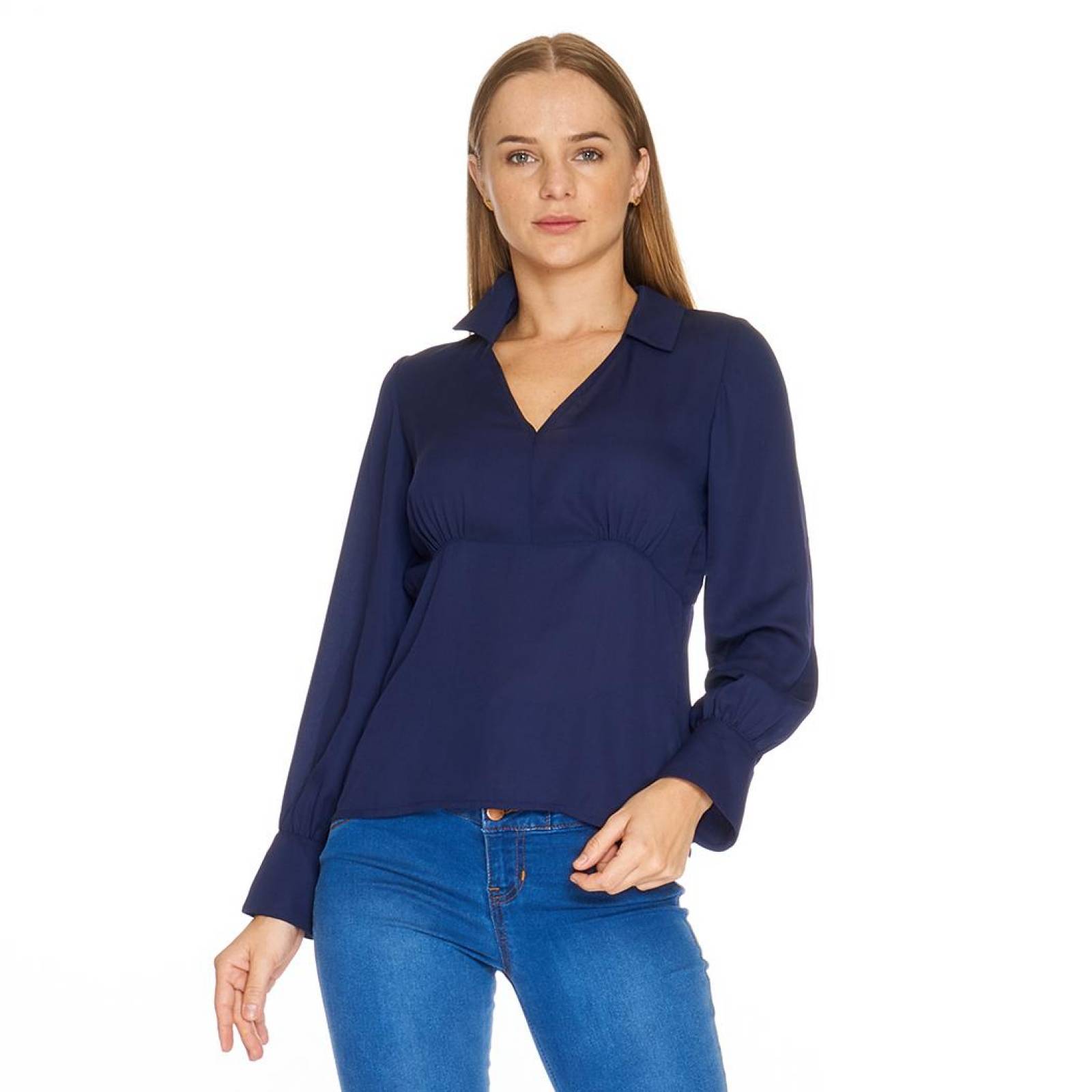 Blusa Corte Imperio Cuello Mujer Manga Larga Casual Marino 