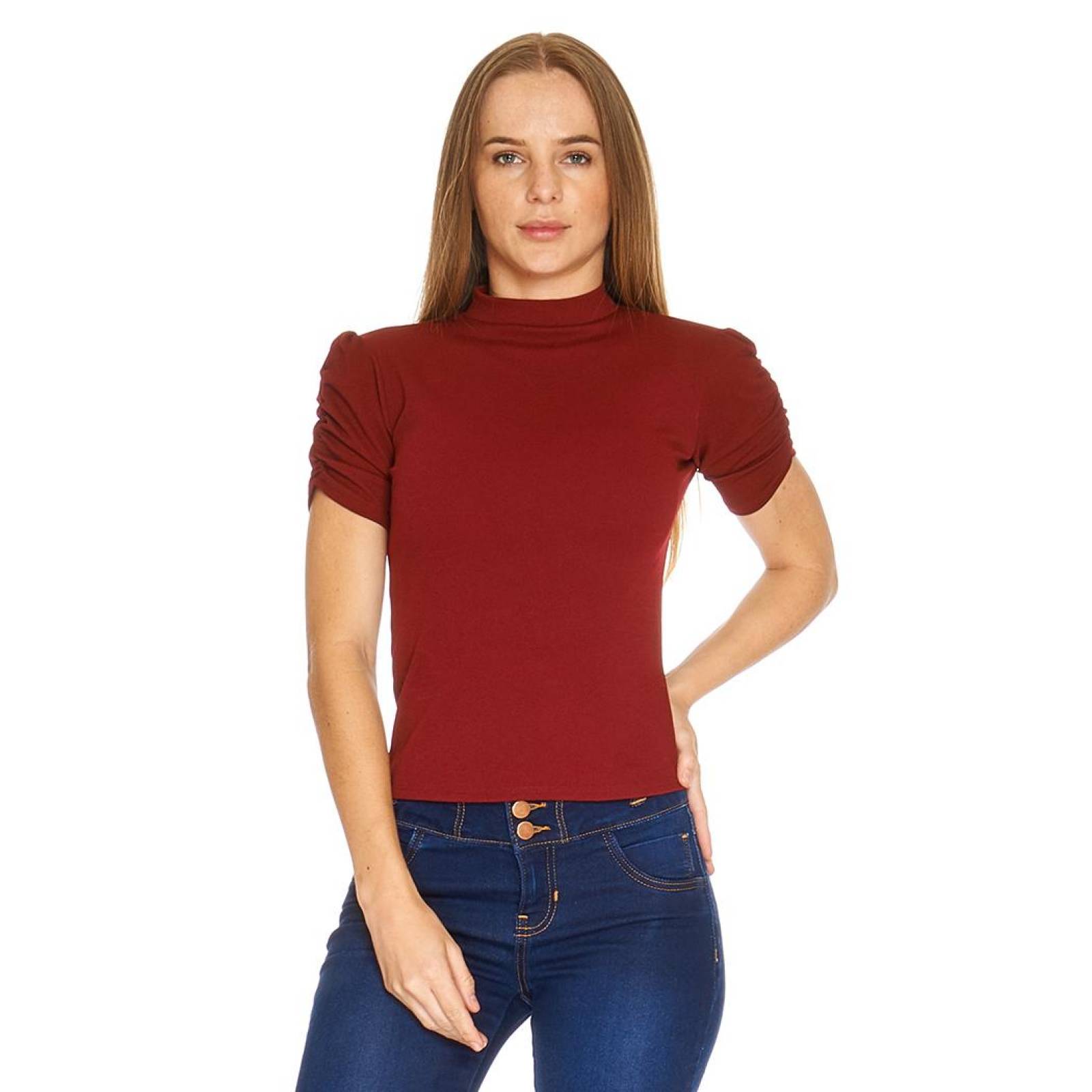 Blusa Para Mujer Cuello Alto Manga Corta Lisa Casual Vino 