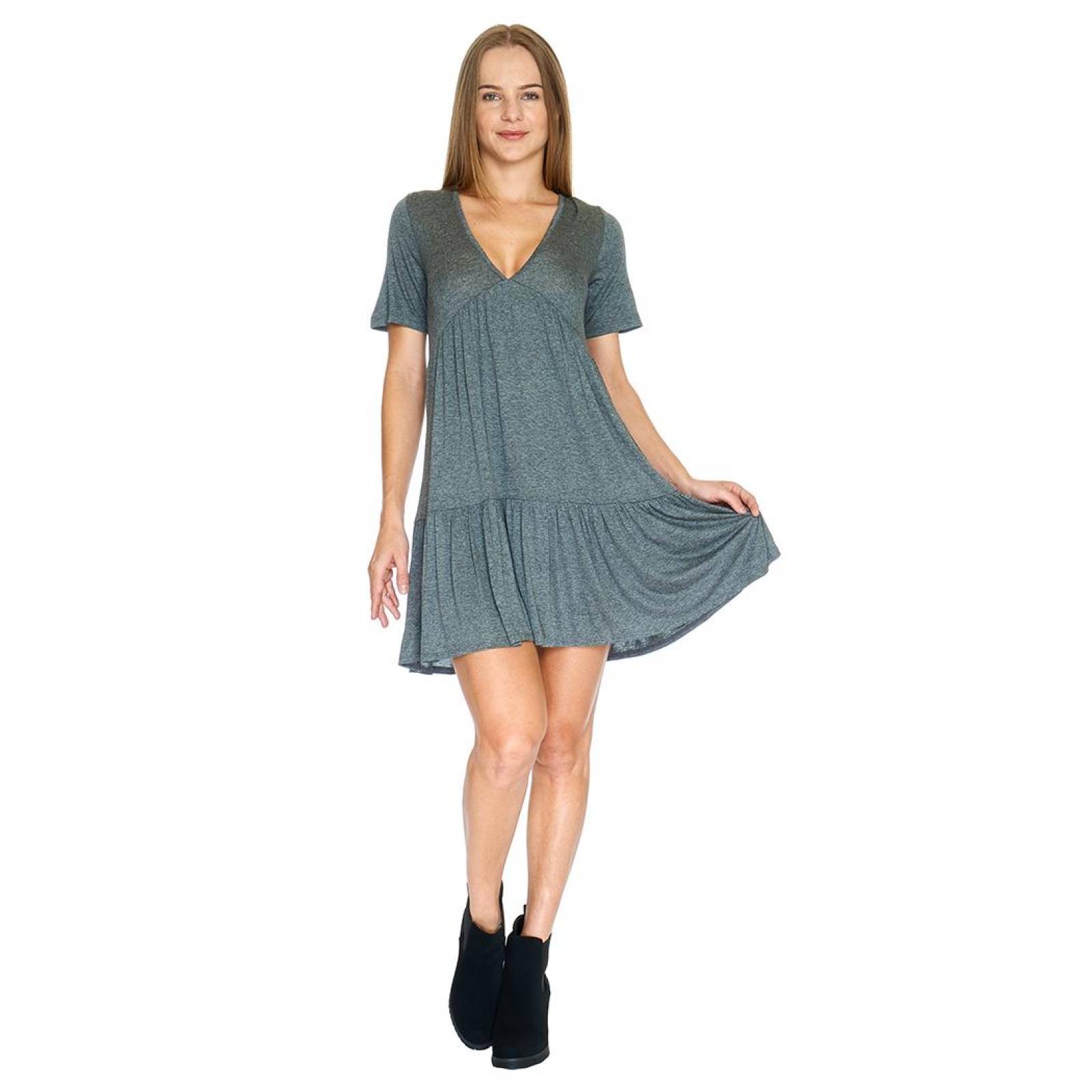 Vestido Corto Mujer Casual Holgado Manga Corta Escote V 