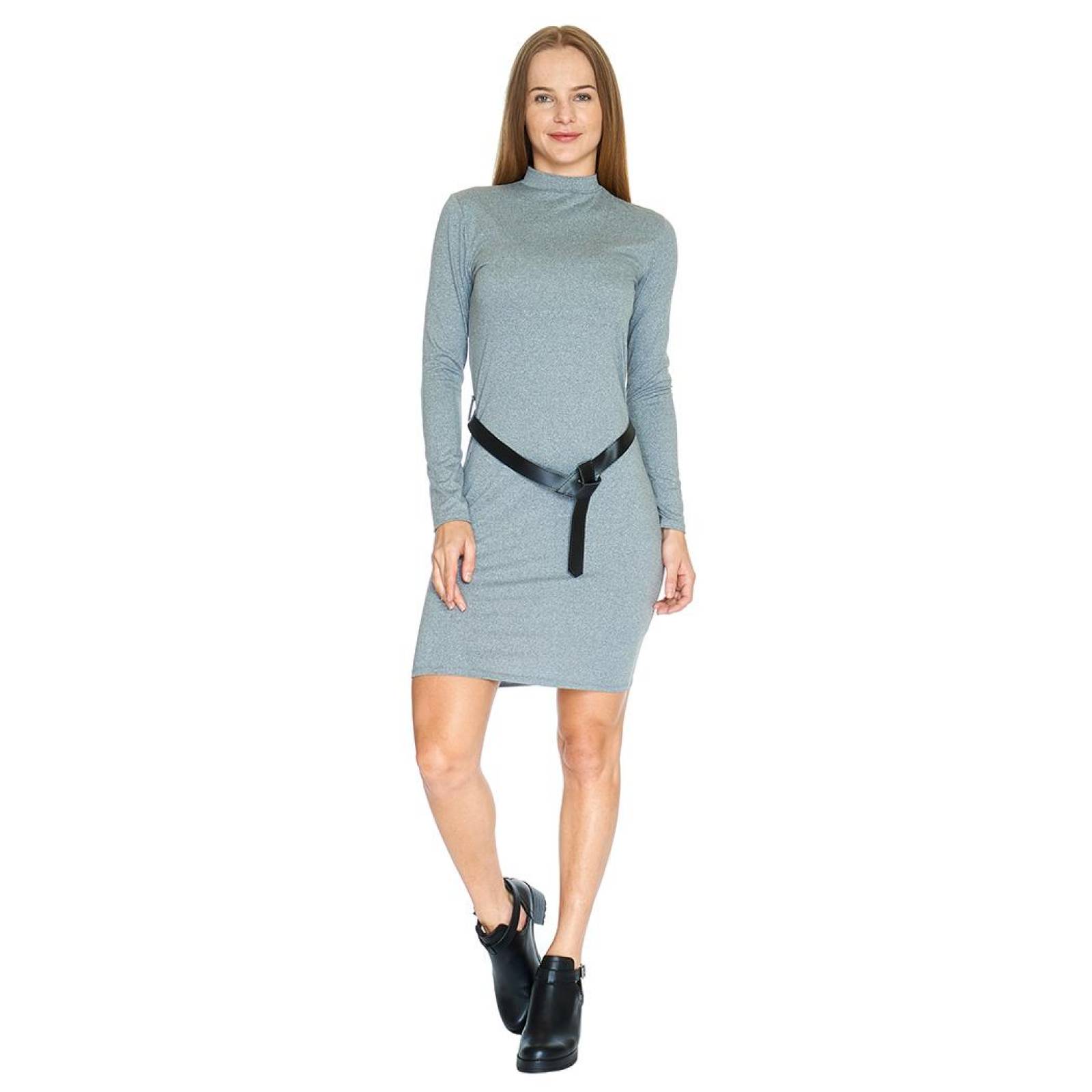 Vestido Ajustado Mujer Manga Larga Cuello Alto Gris Con Cinto