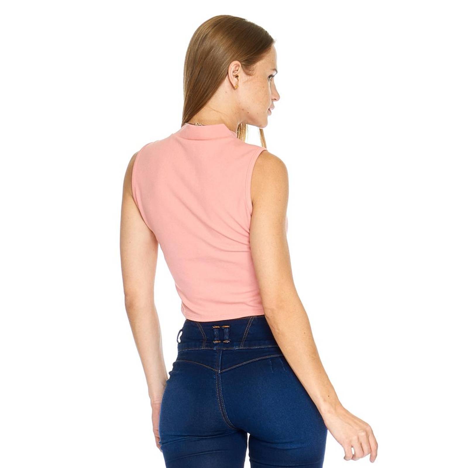 Blusa Sin Mangas Mujer Top Cuello Alto Moda Casual Rosa 