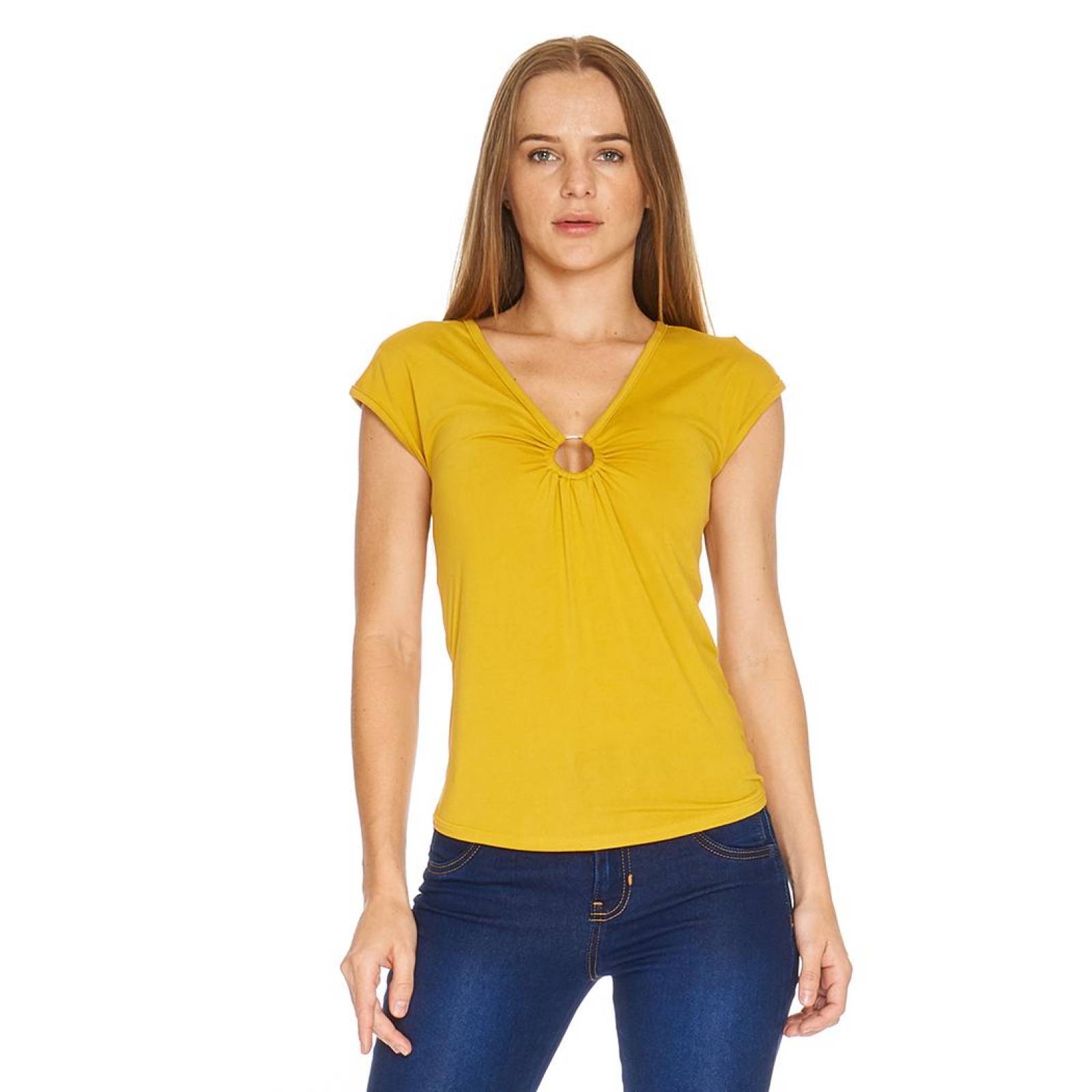 Blusa Mujer Sin manga Escote V Moda Casual Cómoda Mostaza 550336 
