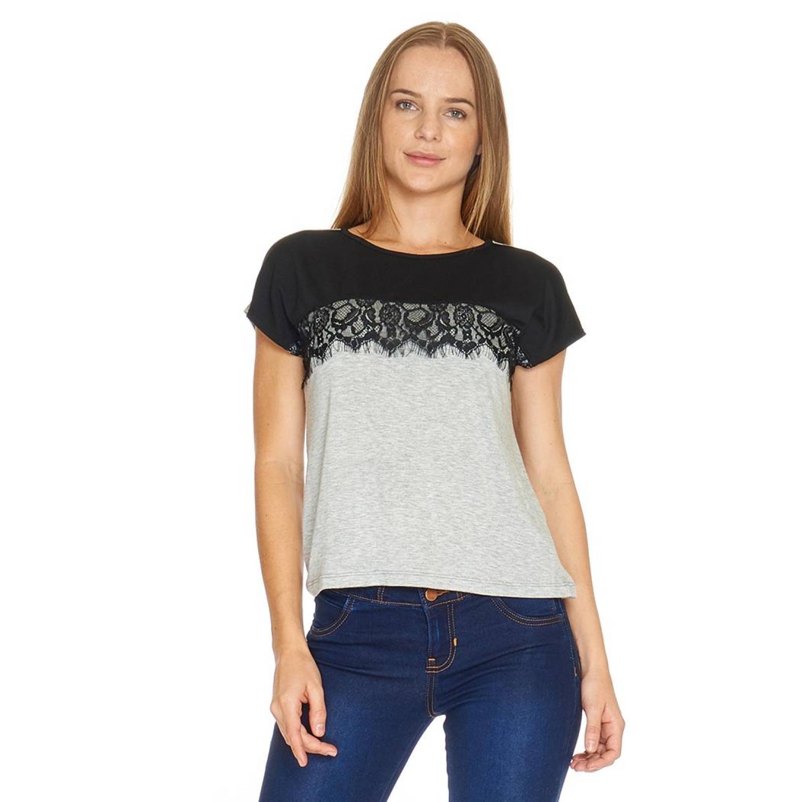 Blusa Mujer Encaje Moda Casual Cómoda Gris Jaspe con Negro 