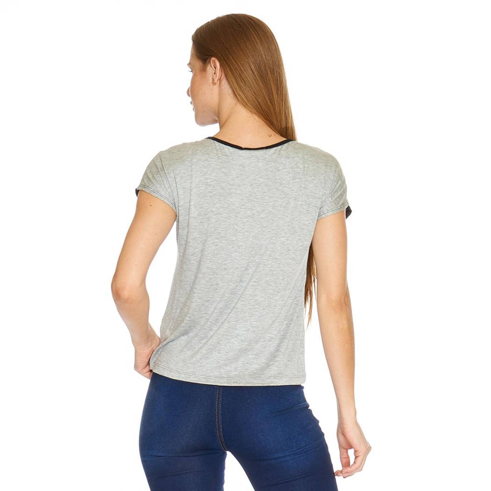 Blusa Mujer Encaje Moda Casual Cómoda Gris Jaspe con Negro 