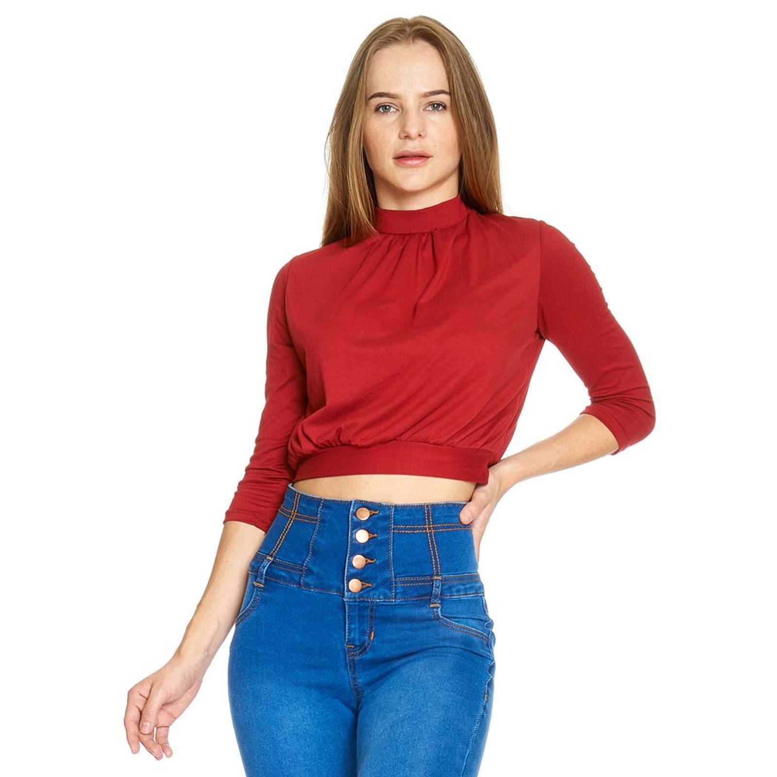 Blusa Para Mujer Top Cuello Alto Manga 3/4 Moda Casual Vino 