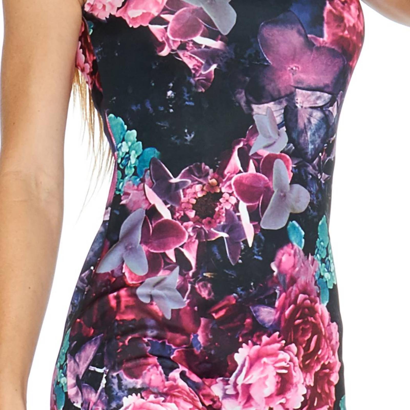 Vestido Mujer Formal Floral Negro Ajustado Manga Corta 