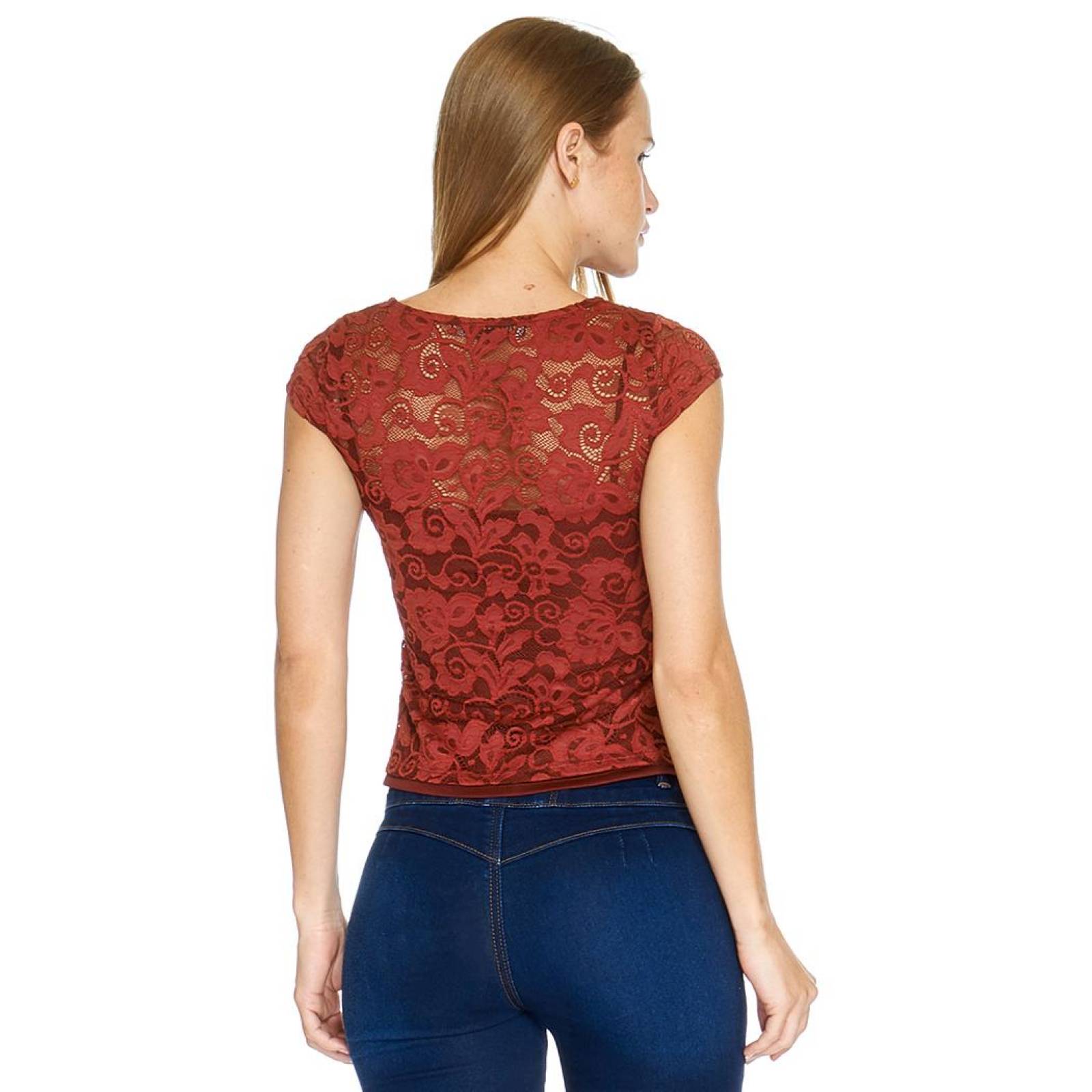 Jeans Blusa Encaje Rojo Blusa En Encaje Con Top Para Mujer Manga