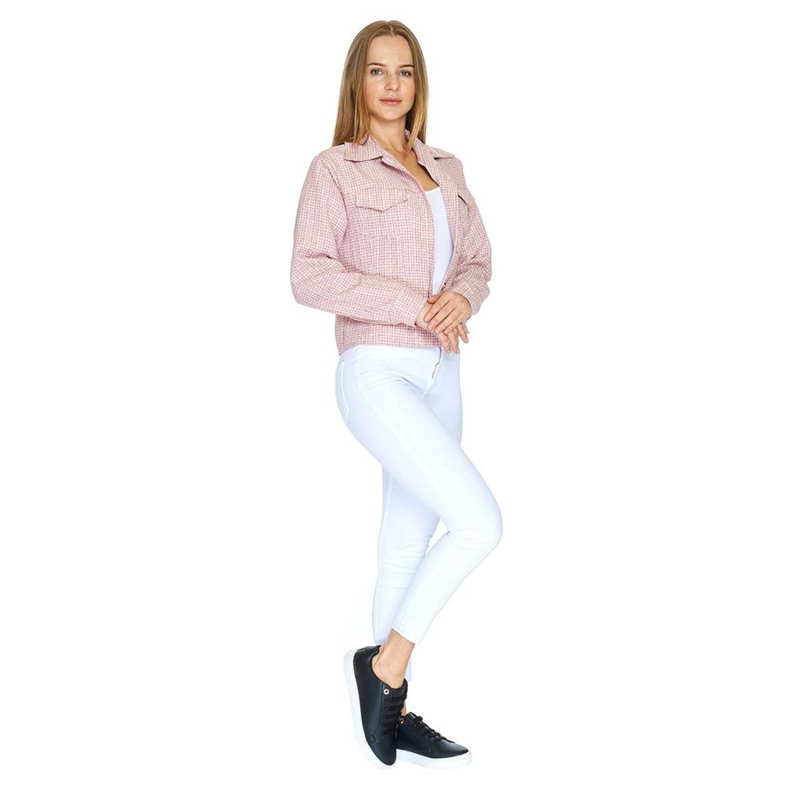 Chamarra Corta Mujer Juvenil Moda Casual Rosa Cuadros 