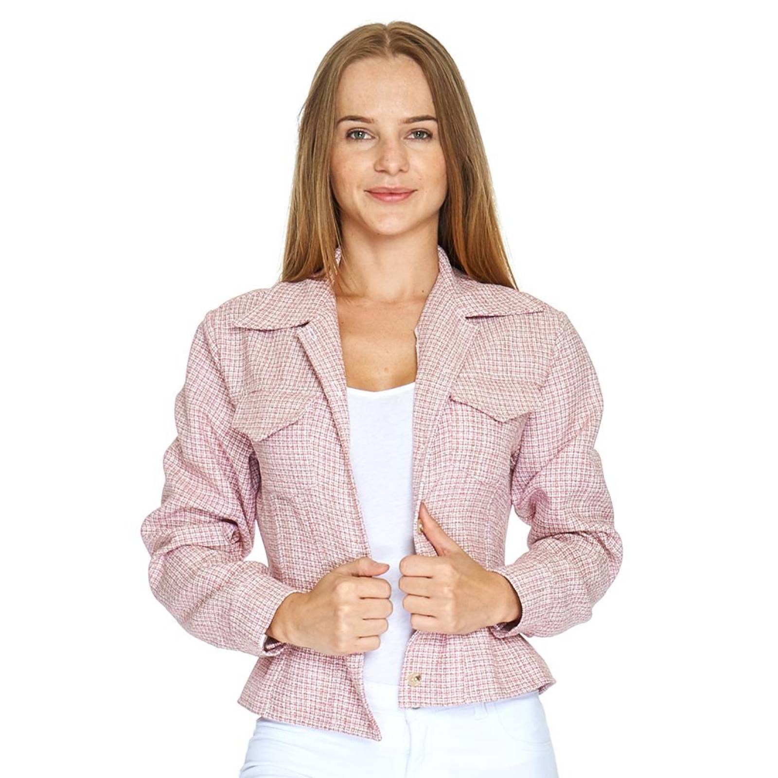 Chamarra Corta Mujer Juvenil Moda Casual Rosa Cuadros 