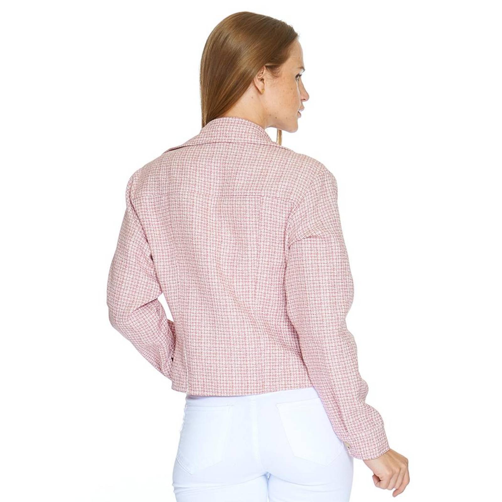 Chamarra Corta Mujer Juvenil Moda Casual Rosa Cuadros 
