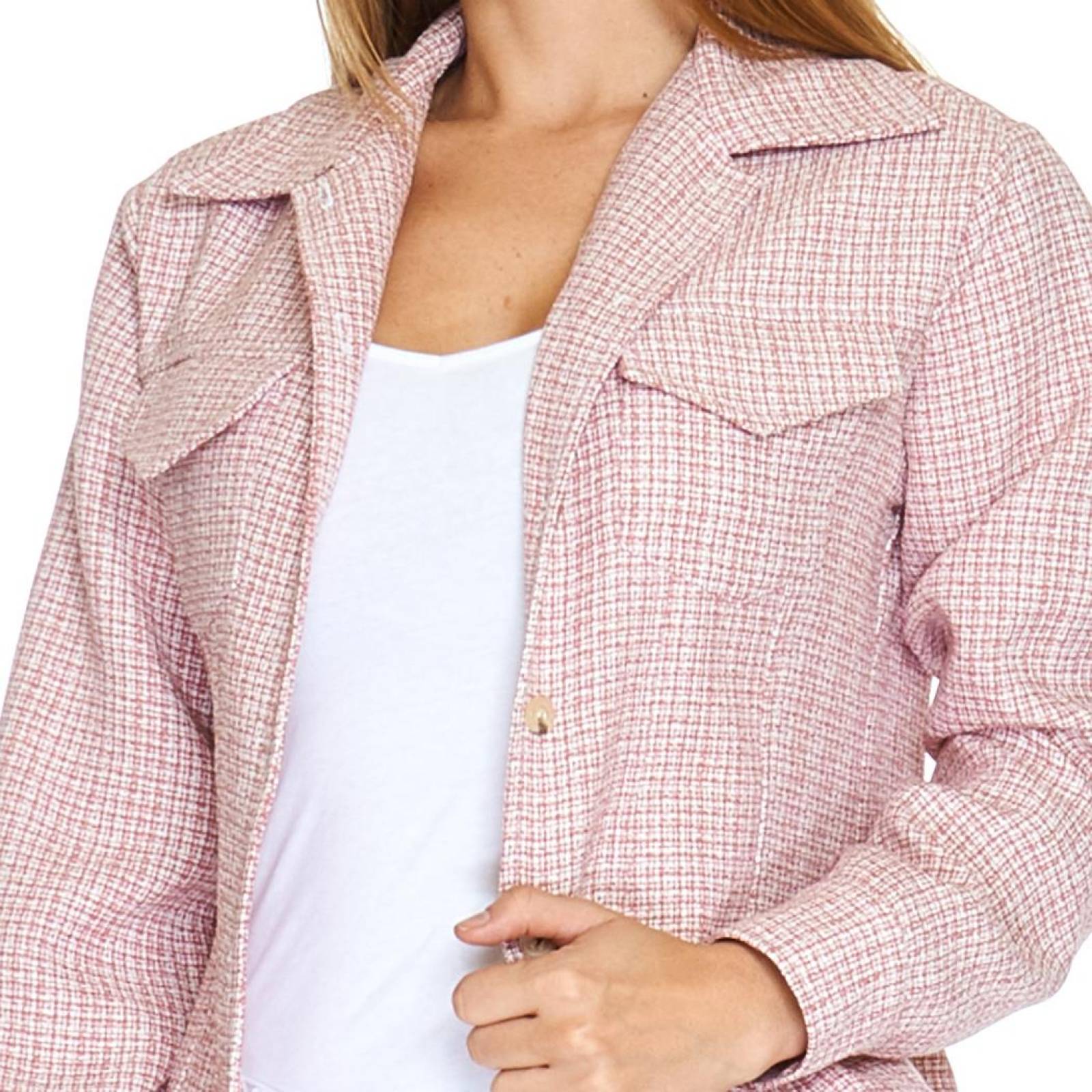 Chamarra Corta Mujer Juvenil Moda Casual Rosa Cuadros 