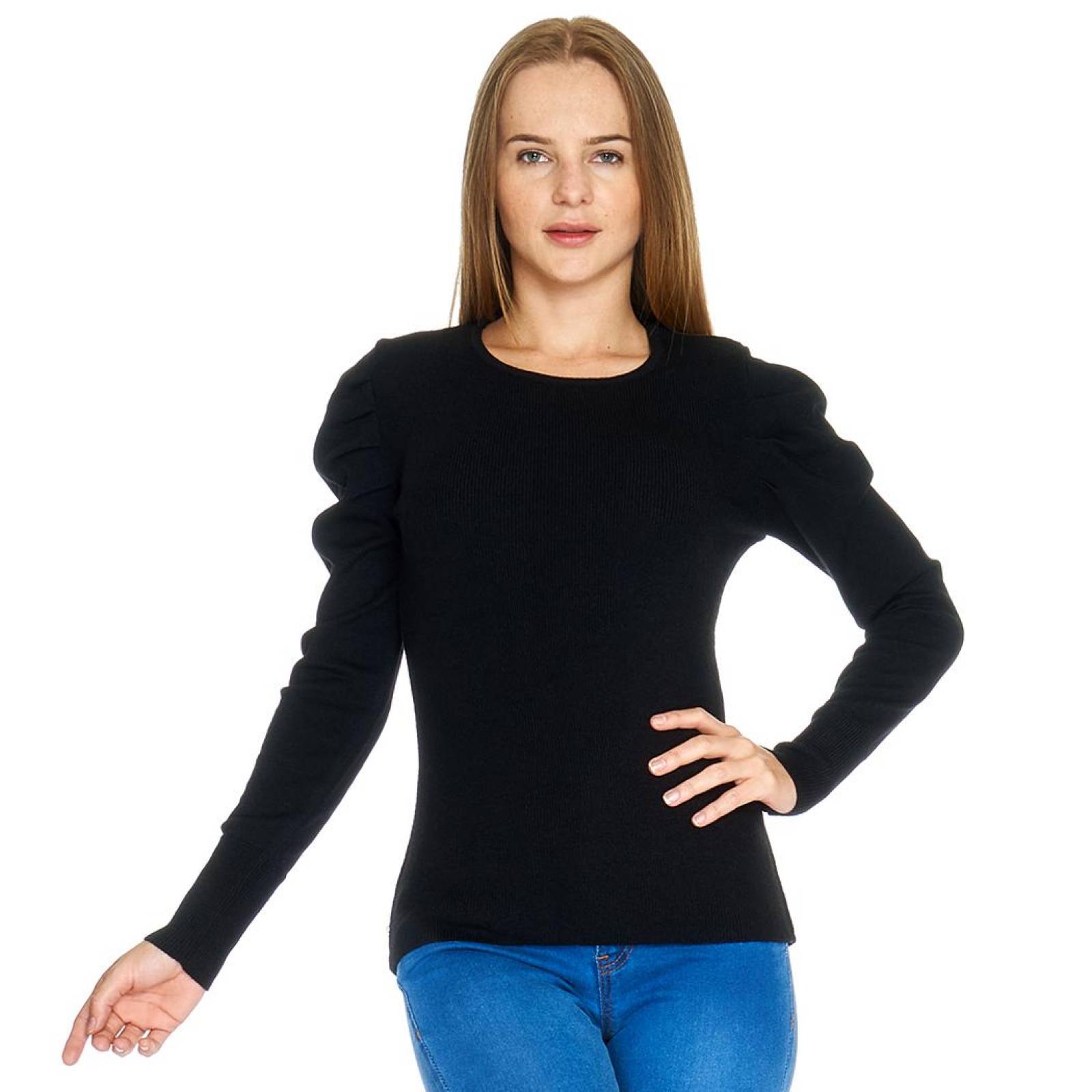 Suéter Liso Para Mujer Manga Pliegues Suave Casual Negro 
