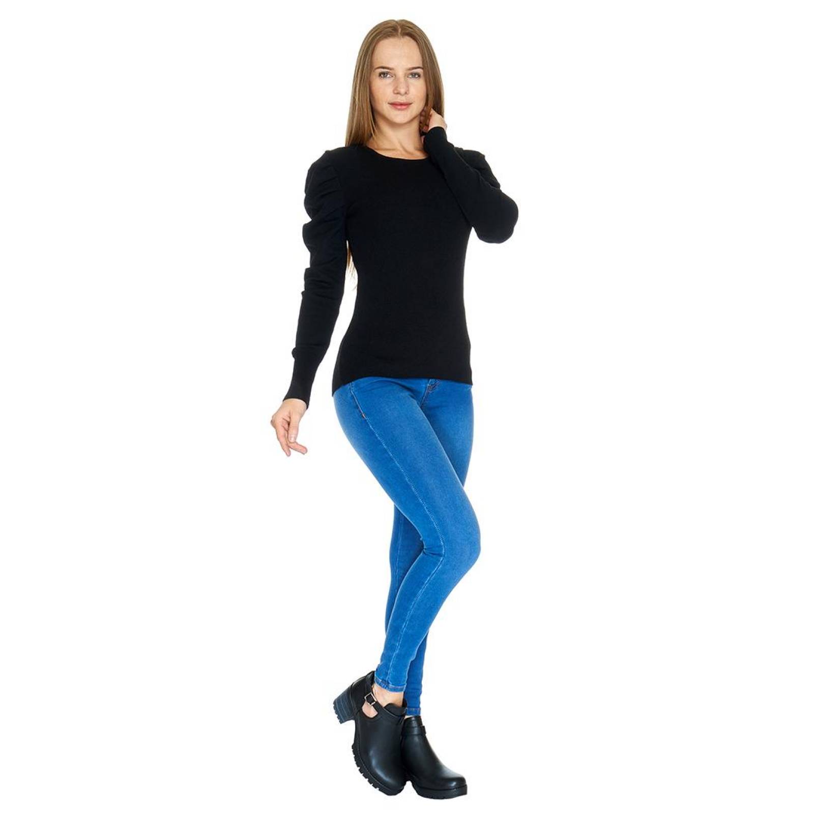 Suéter Liso Para Mujer Manga Pliegues Suave Casual Negro 