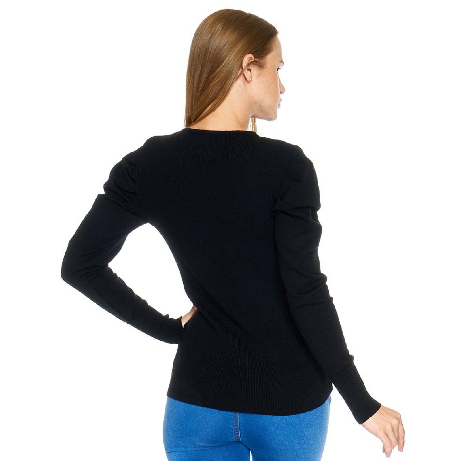 Suéter Liso Para Mujer Manga Pliegues Suave Casual Negro 