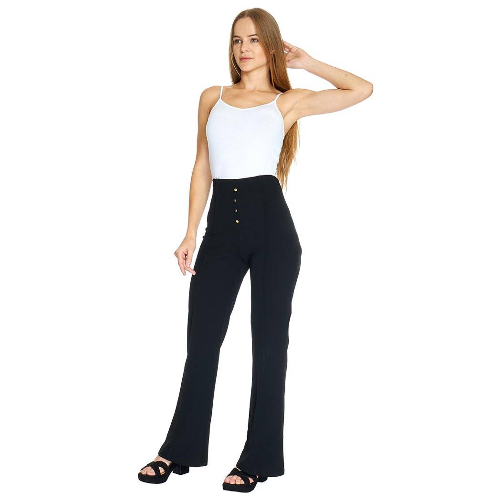 Pantalón Flare Mujer Con Botones Formal Casual Negro Holgado