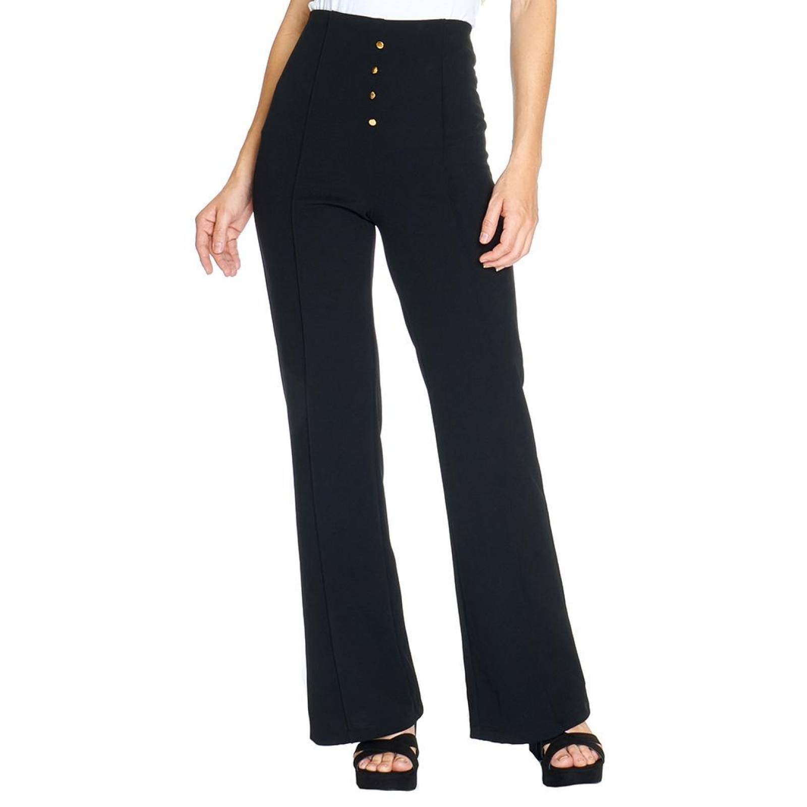 Pantalón Flare Mujer Con Botones Formal Casual Negro Holgado