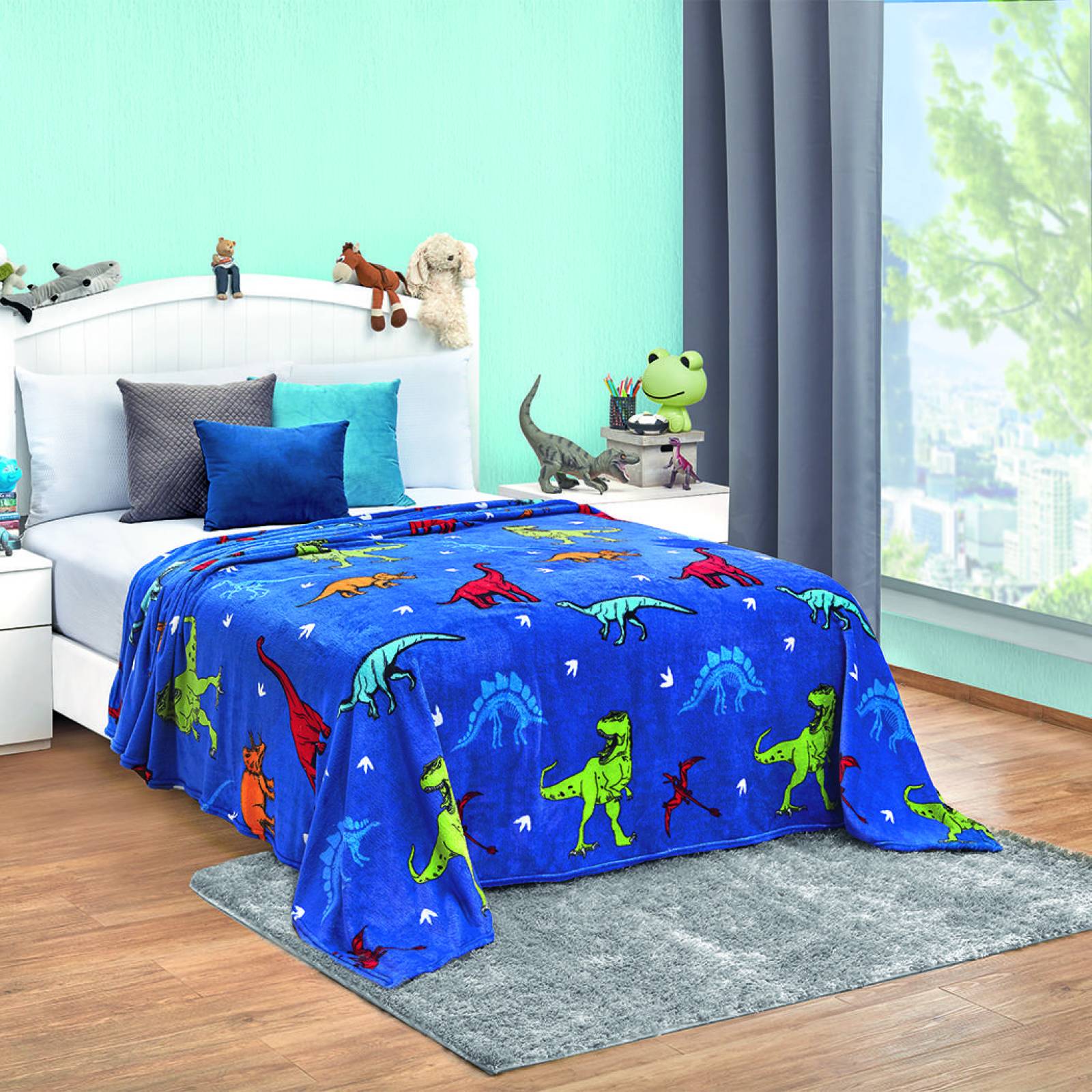 Cobertor Ligero Matrimonial Jurásico Dinosaurios Azul 