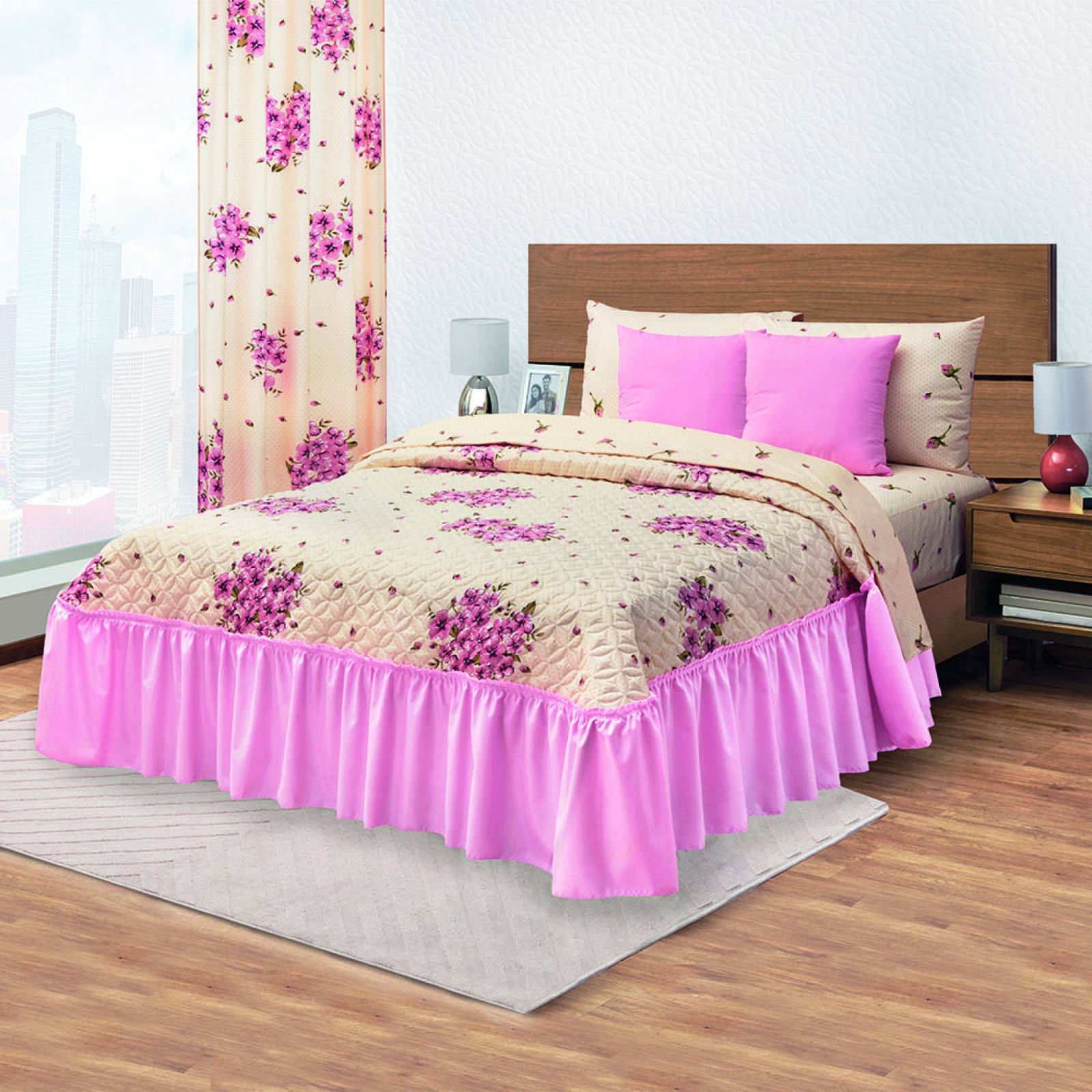 Colcha King Size Durazno Con Cojines Decorativos Suave - Main Image