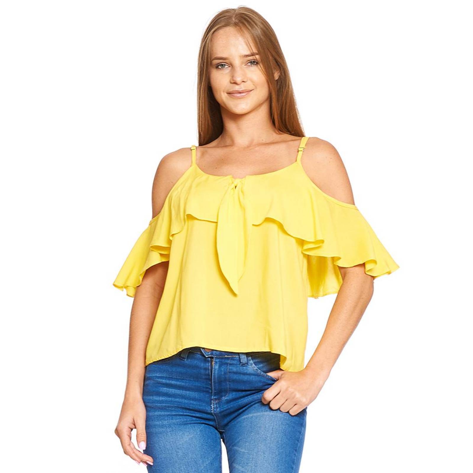 Blusa Mujer Con Olanes Manga Corta Moda Casual Amarillo 