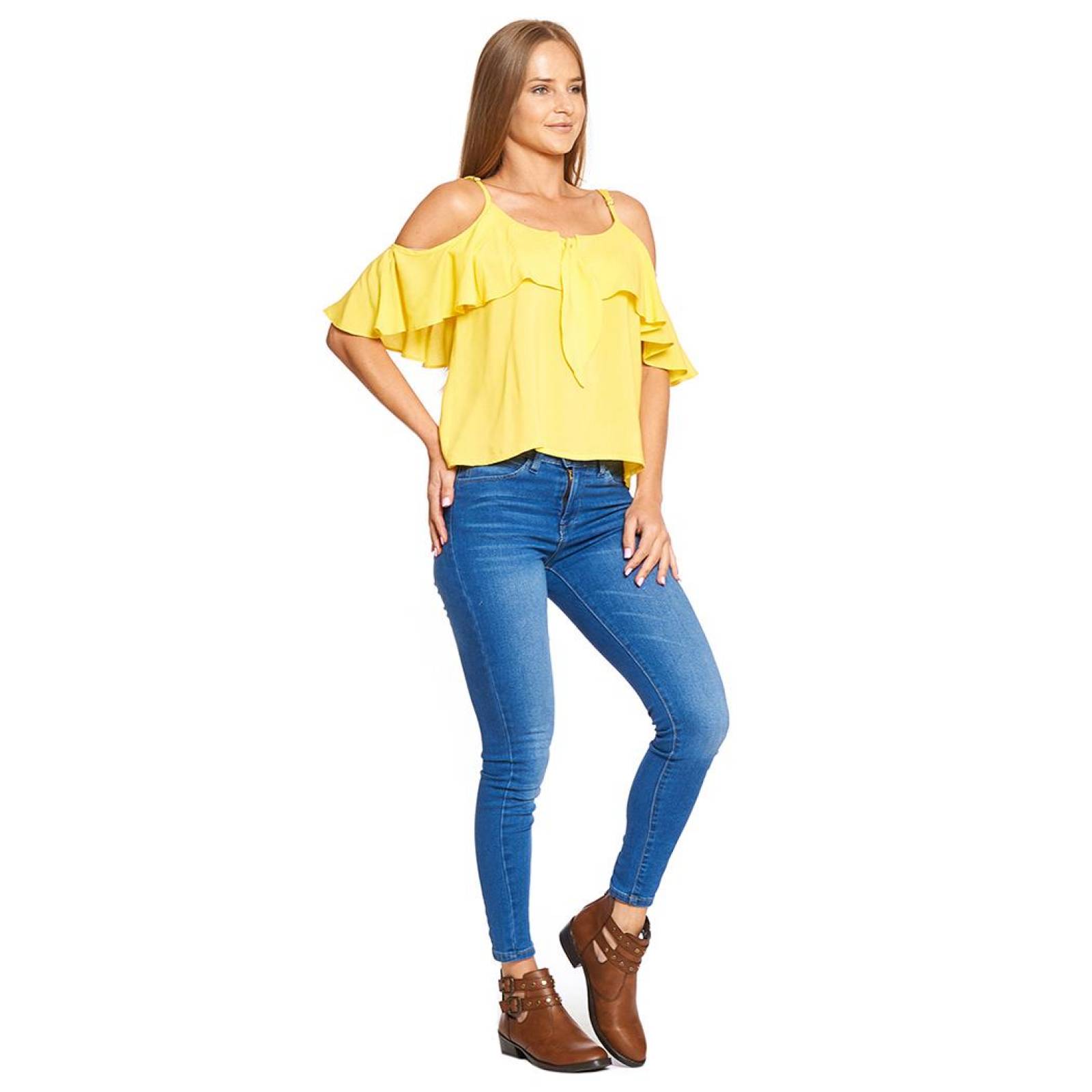 Blusa Mujer Con Olanes Manga Corta Moda Casual Amarillo 