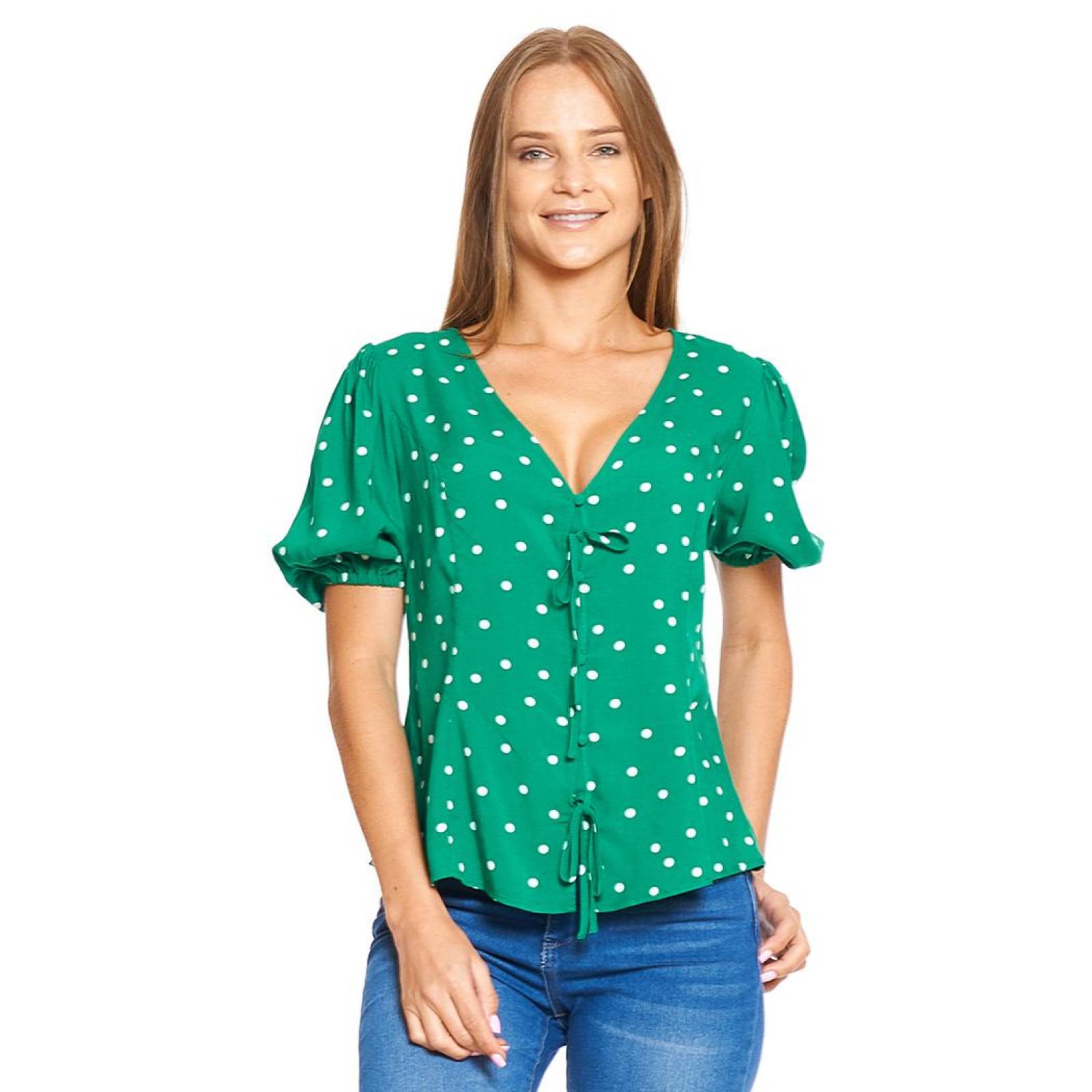 Blusa Mujer Escote V Con Lunares Moda Casual Verde Cómoda 