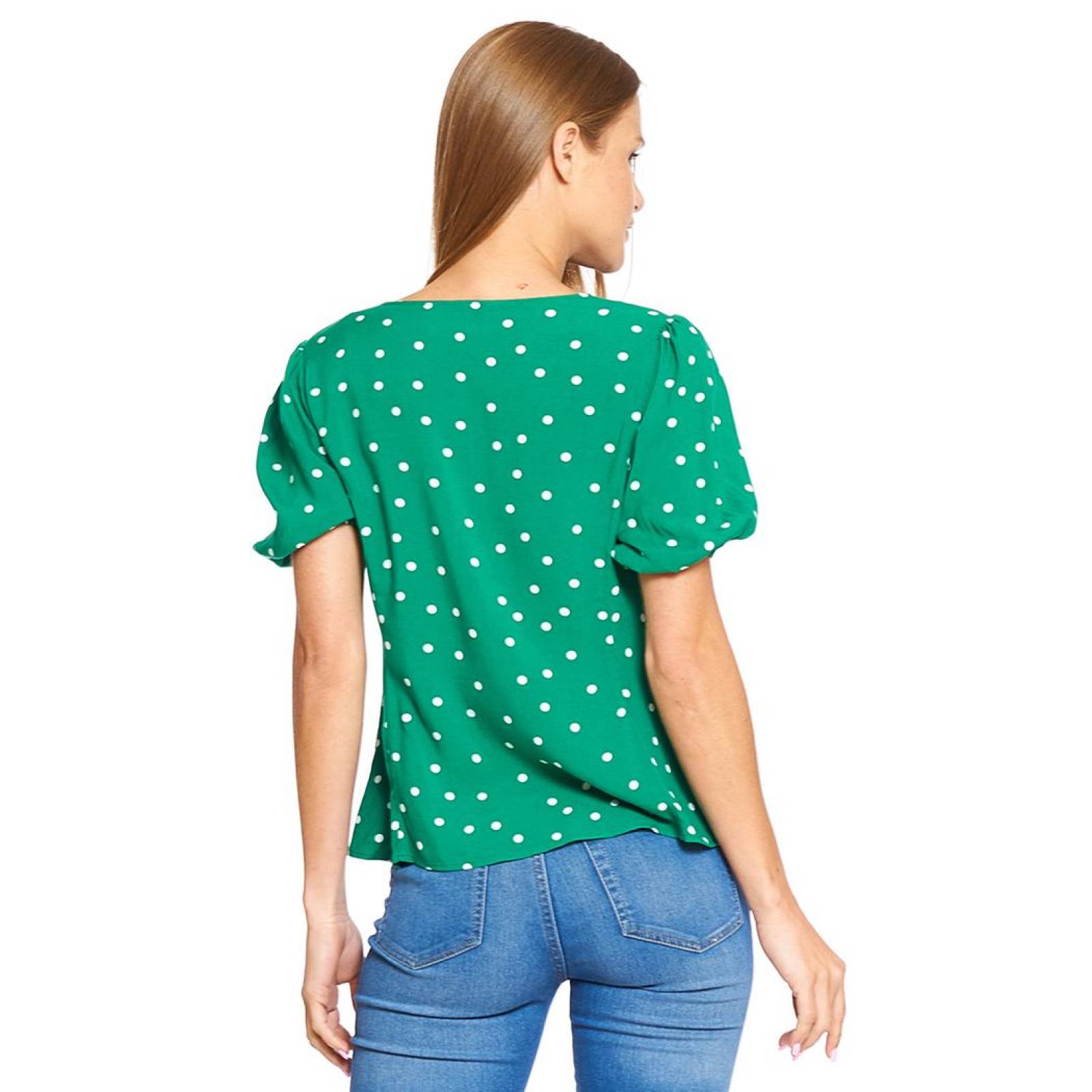 Blusa Mujer Escote V Con Lunares Moda Casual Verde Cómoda 