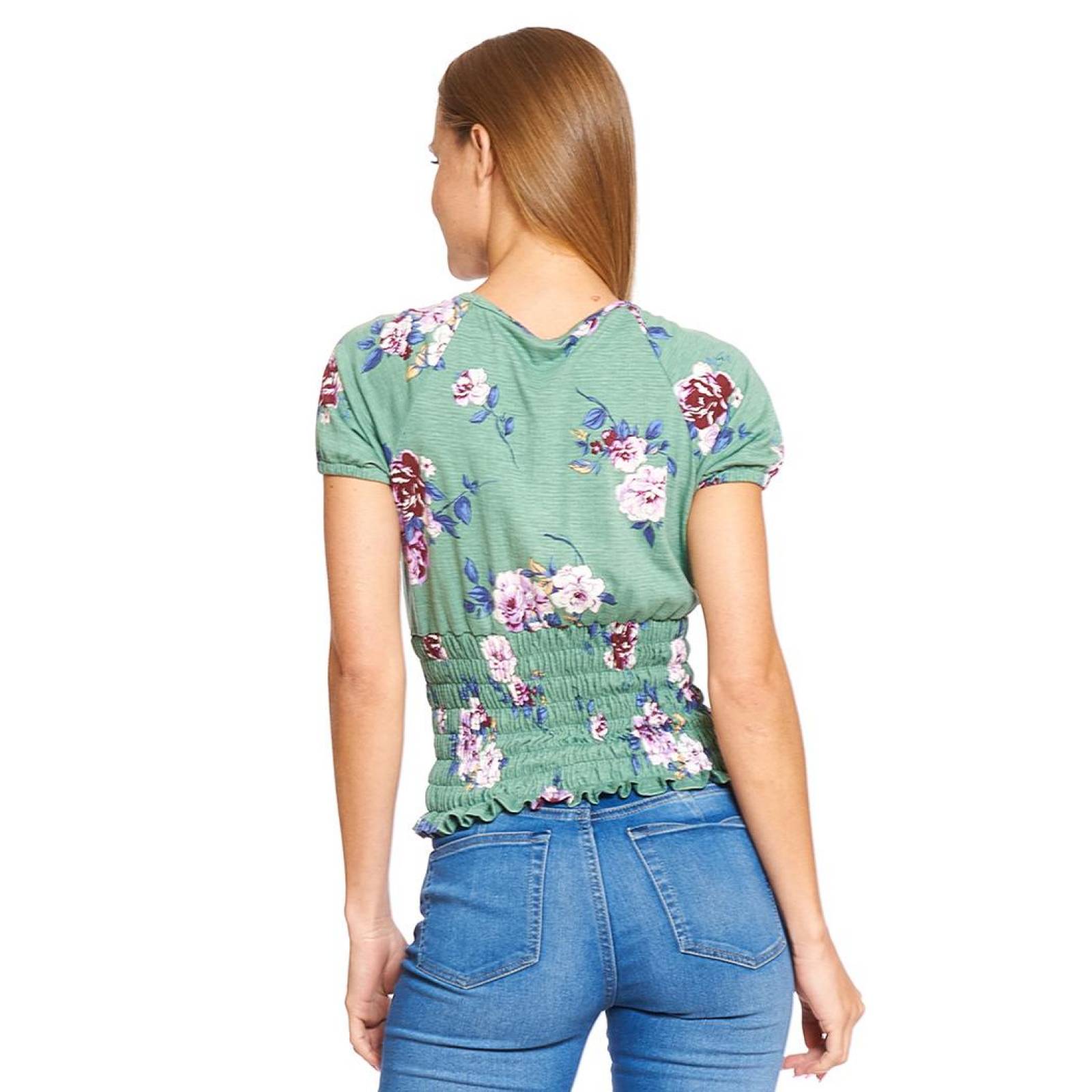 Blusa Mujer Top Con Resorte Flores Moda Casual Verde 