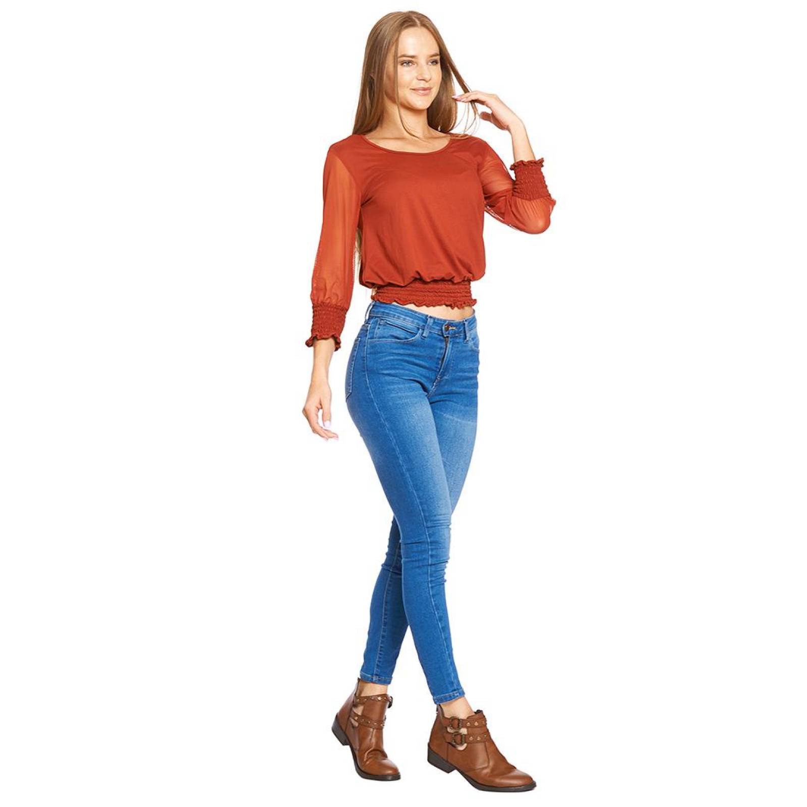 Blusa Mujer Top Con Resorte Manga Mesh Shedrón Casual