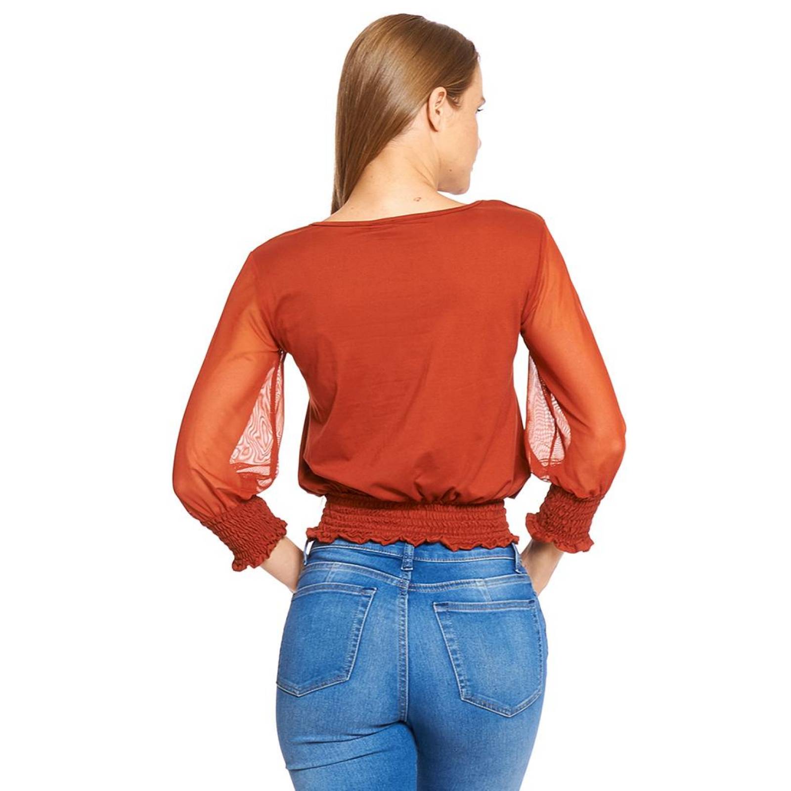 Blusa Mujer Top Con Resorte Manga Mesh Shedrón Casual