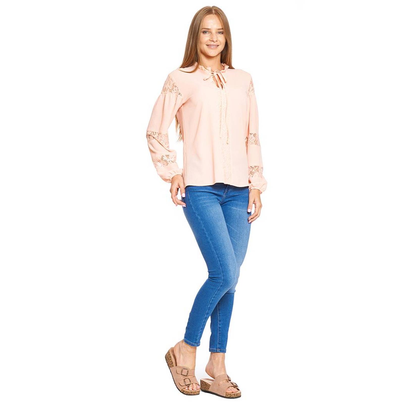 Blusa Mujer Casual Encaje Manga Larga Holgada Salmon 