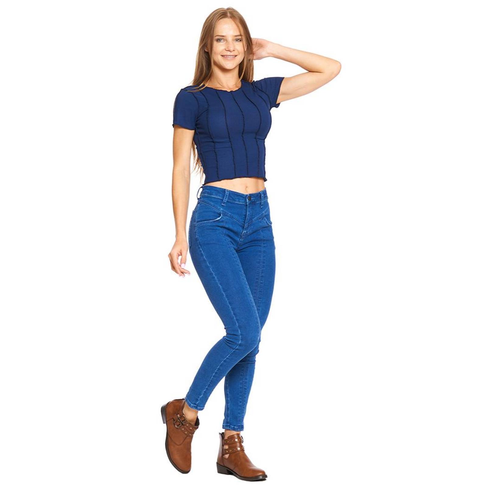 Blusa Corta Mujer Moda Casual Ajustada Costuras Azul Marino 