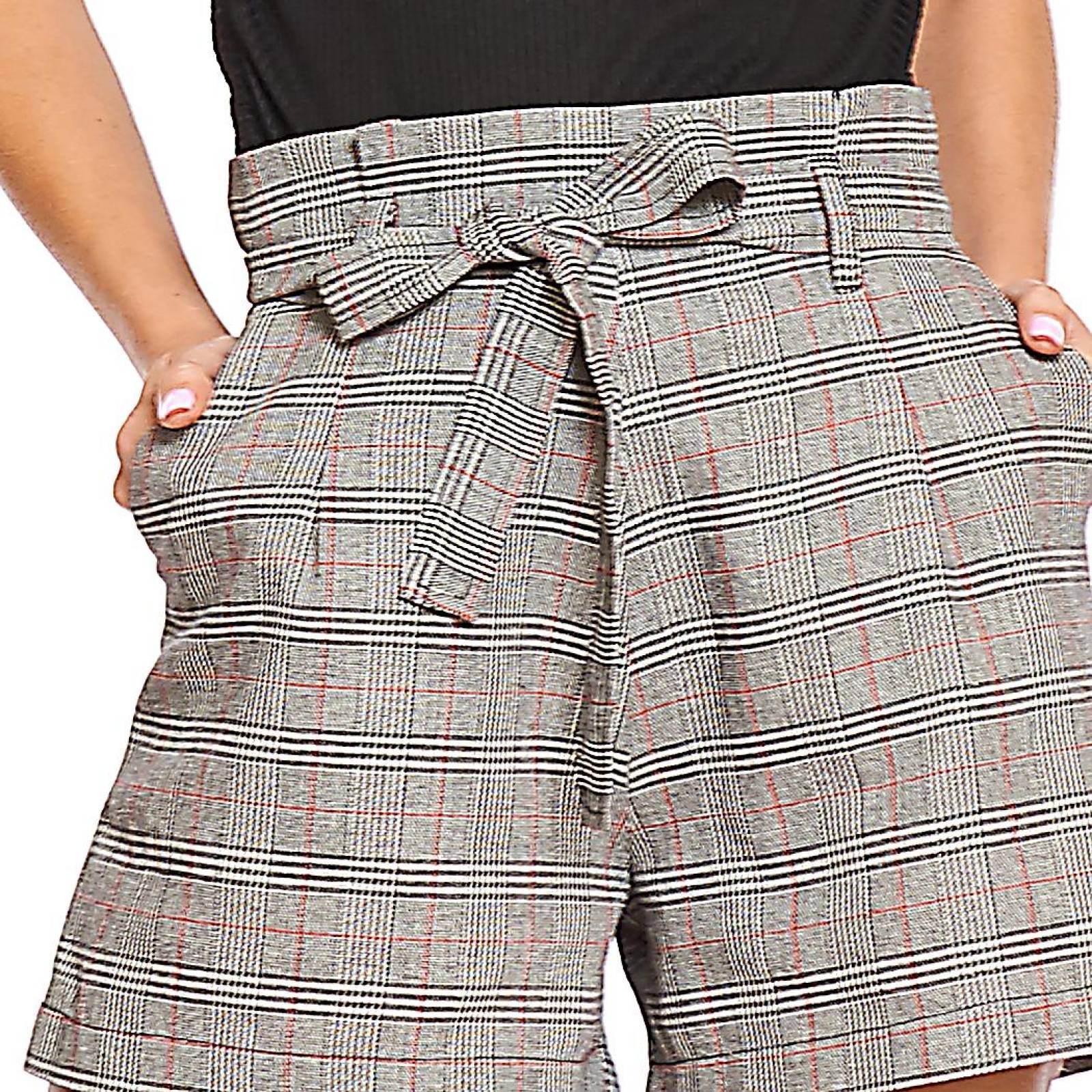 Short Mujer A Cuadros Con Cinto Moda Casual Gris Corto 