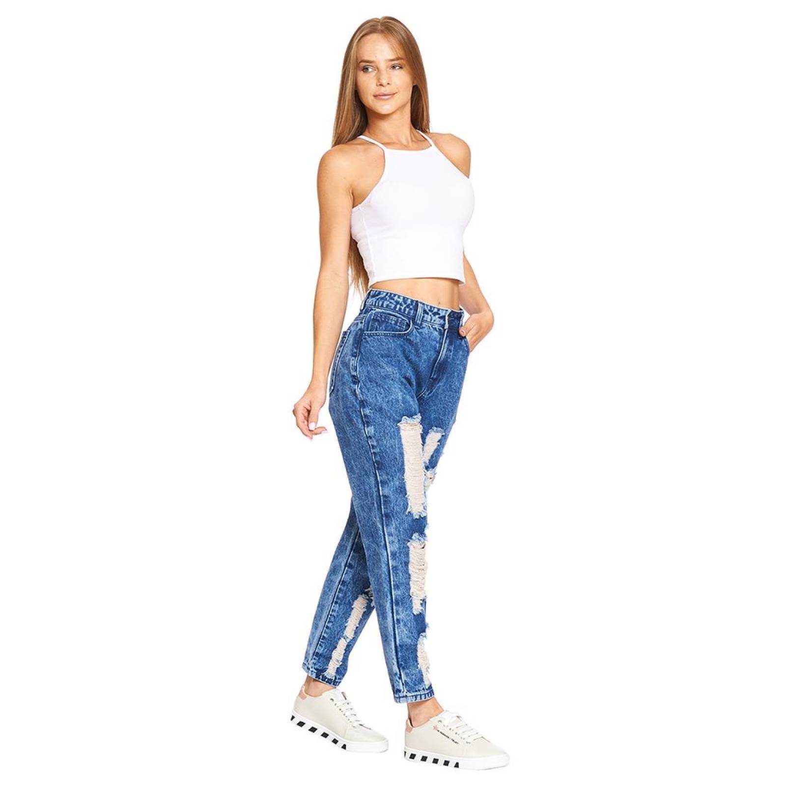 Jeans Mujer Mom Fit Destroyer Moda Casual Mezclilla Azul 