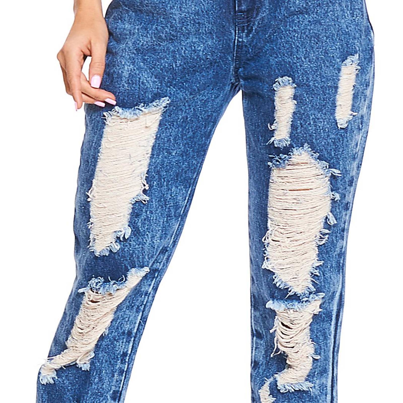 Jeans Mujer Mom Fit Destroyer Moda Casual Mezclilla Azul 