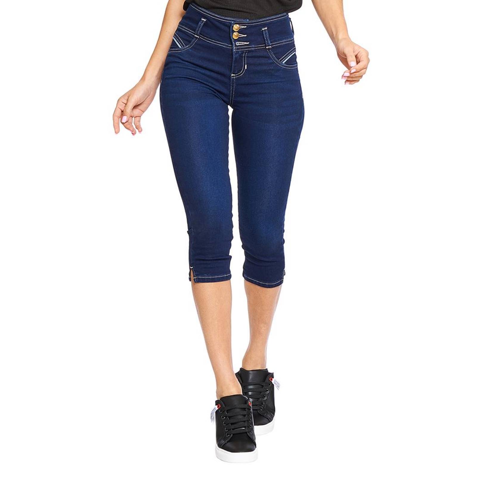 Jeans Capri Mujer Moda Casual Mezclilla 3 Botones Azul