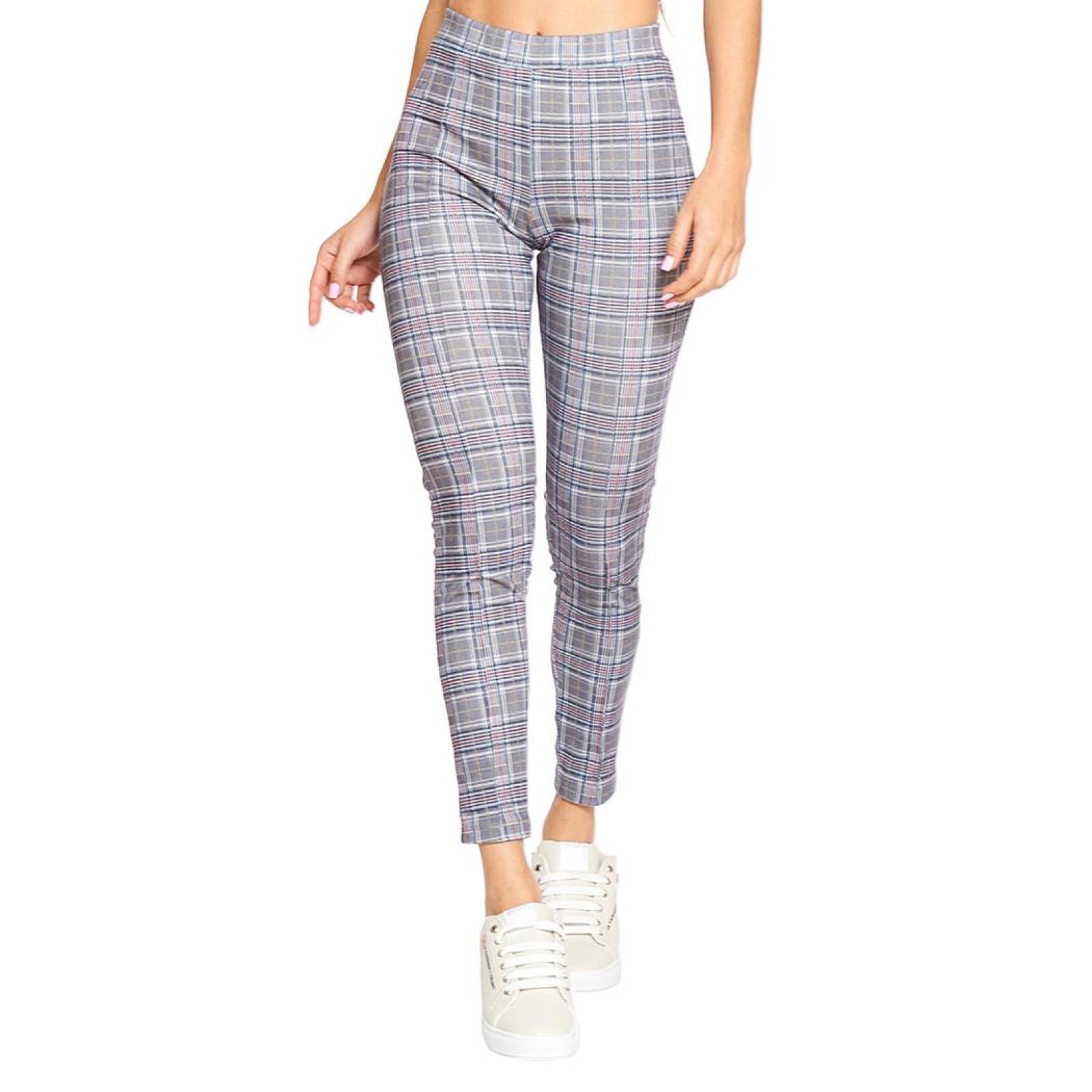 Leggings Mujer A Cuadros Gris Casual Juvenil Cómodos 