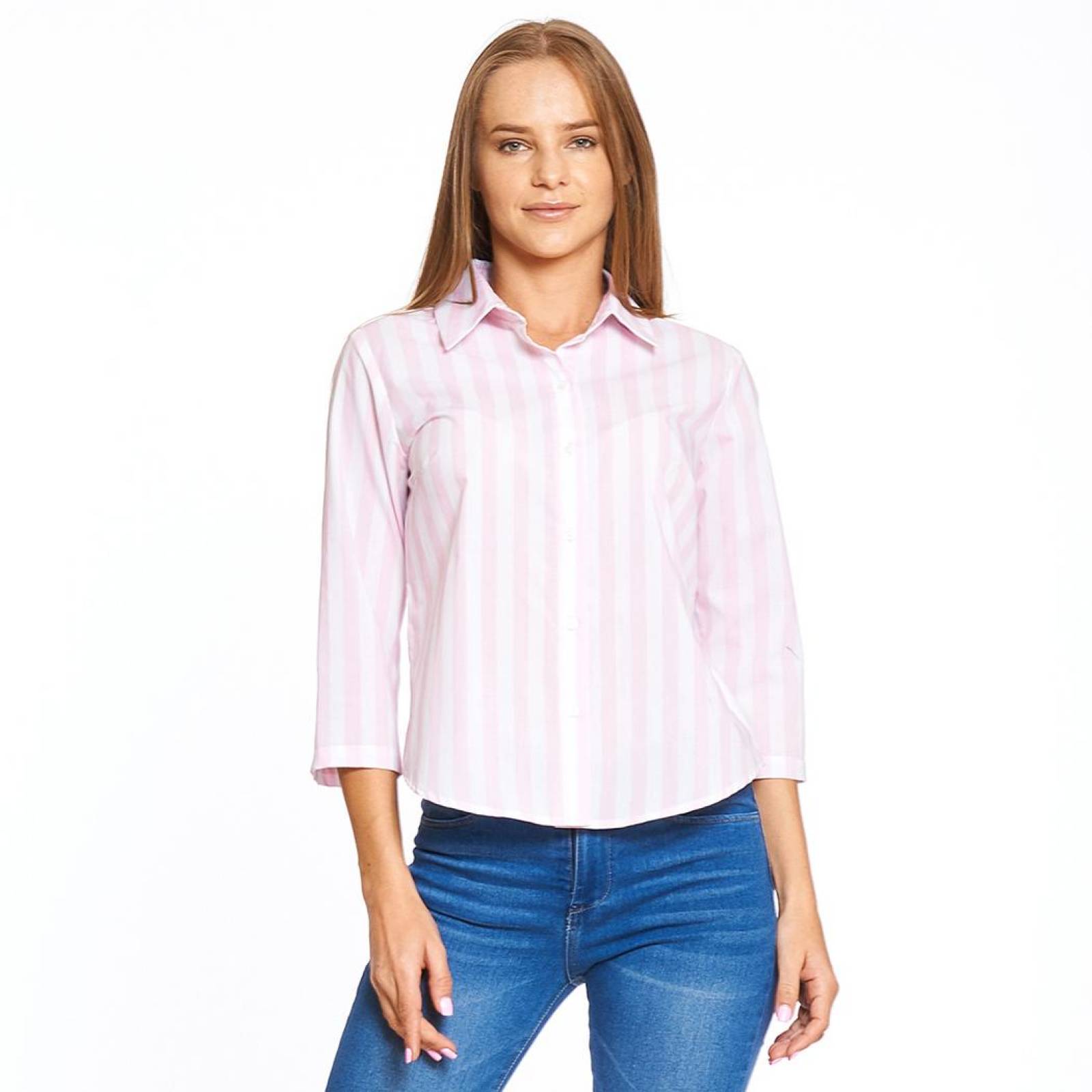 Blusa Mujer Con Cuello Rayas Rosa Blanco Casual Formal 