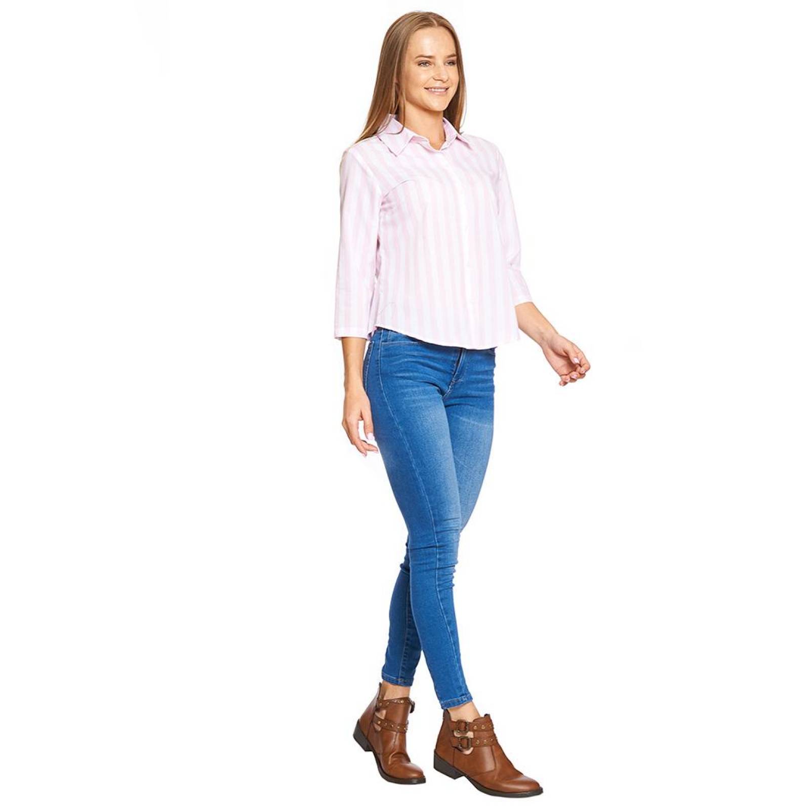Blusa Mujer Con Cuello Rayas Rosa Blanco Casual Formal 