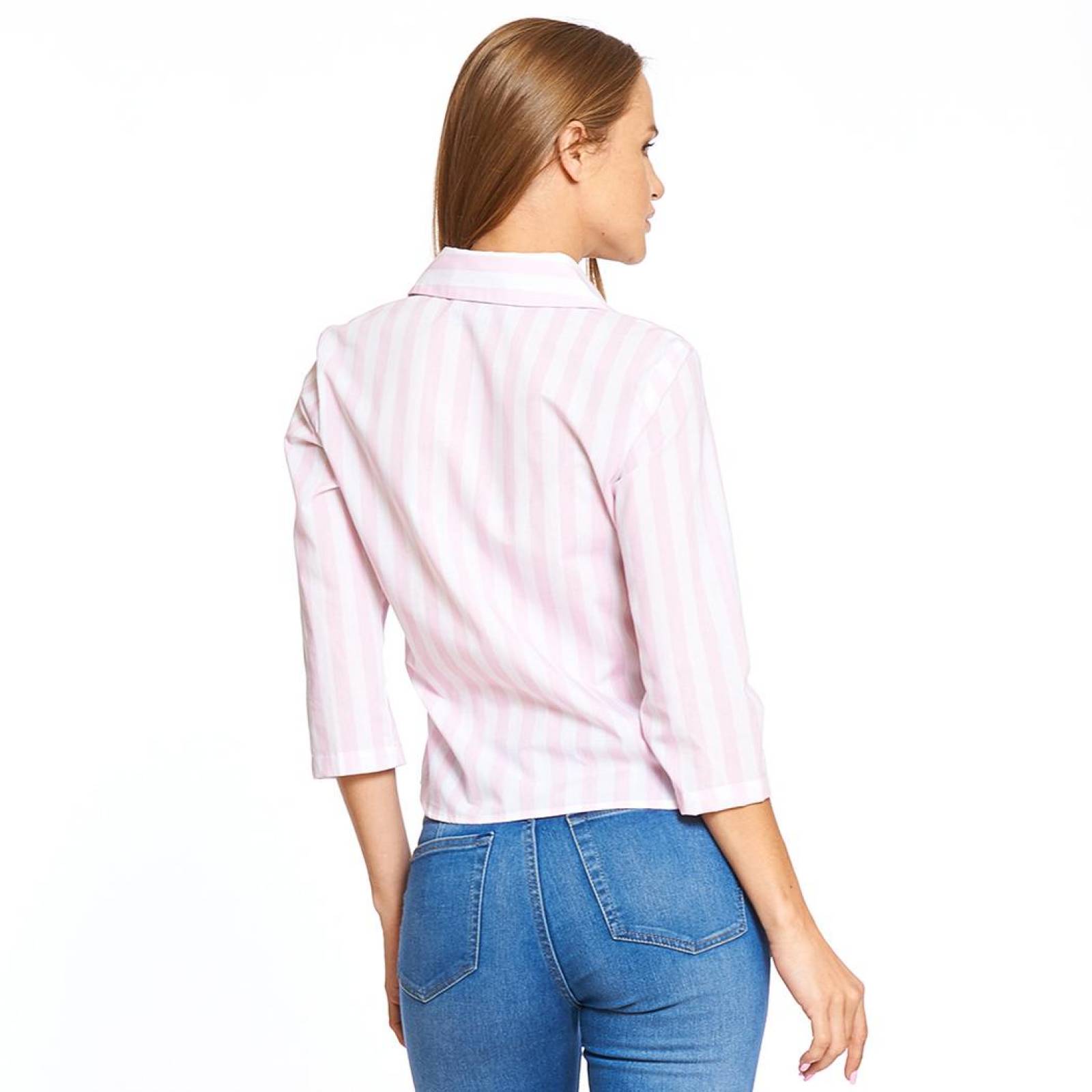 Blusa Mujer Con Cuello Rayas Rosa Blanco Casual Formal 