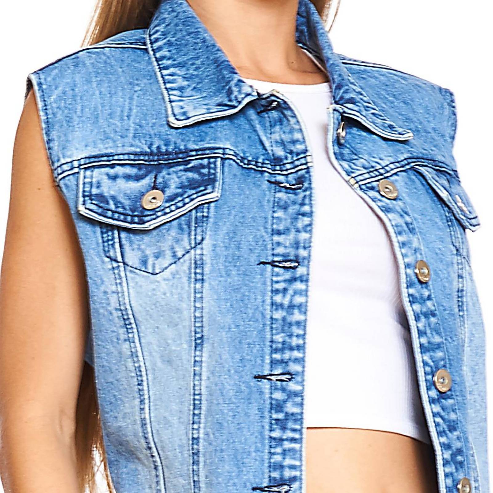 Chaleco Corto Mujer Moda Casual Mezclilla Rígida Azul Stone 