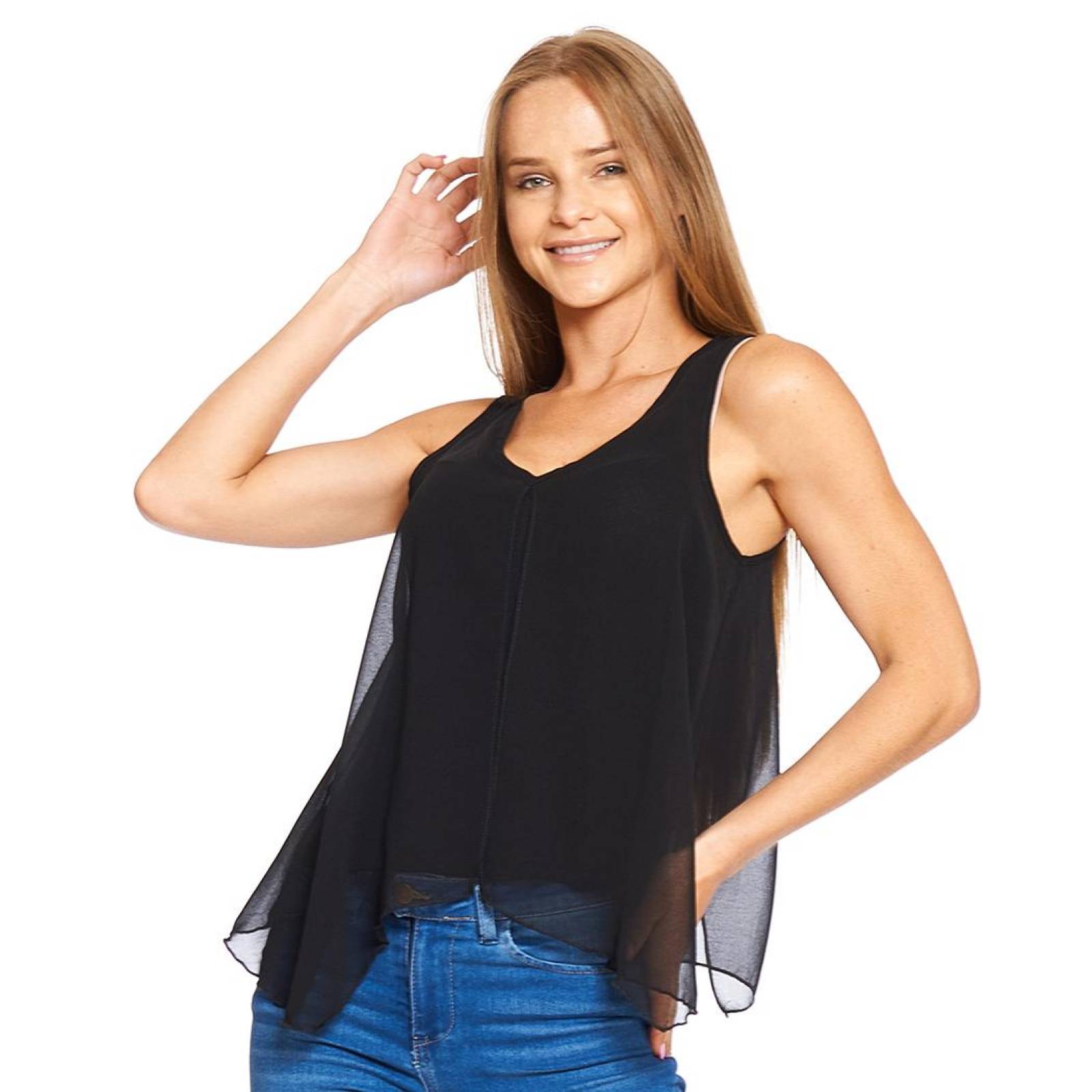 Blusa Mujer Cuello V Sin Mangas Top Casual Negro Ligera 