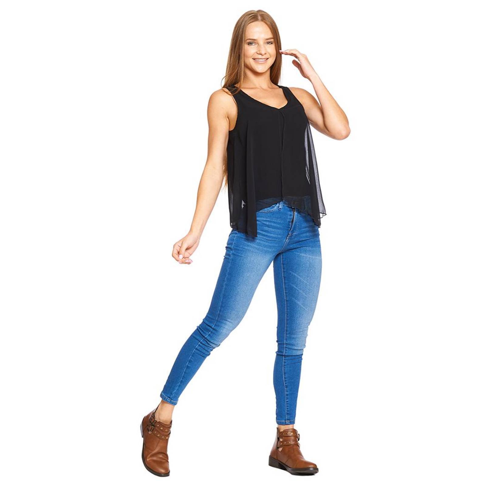 Blusa Mujer Cuello V Sin Mangas Top Casual Negro Ligera 