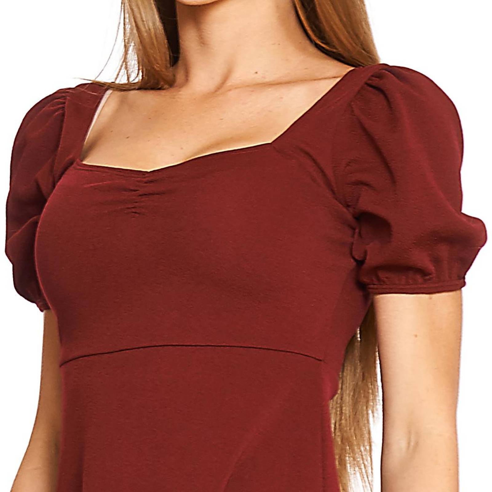 Vestido Mujer Juvenil Moda Casual Manga Corta Globo Vino 