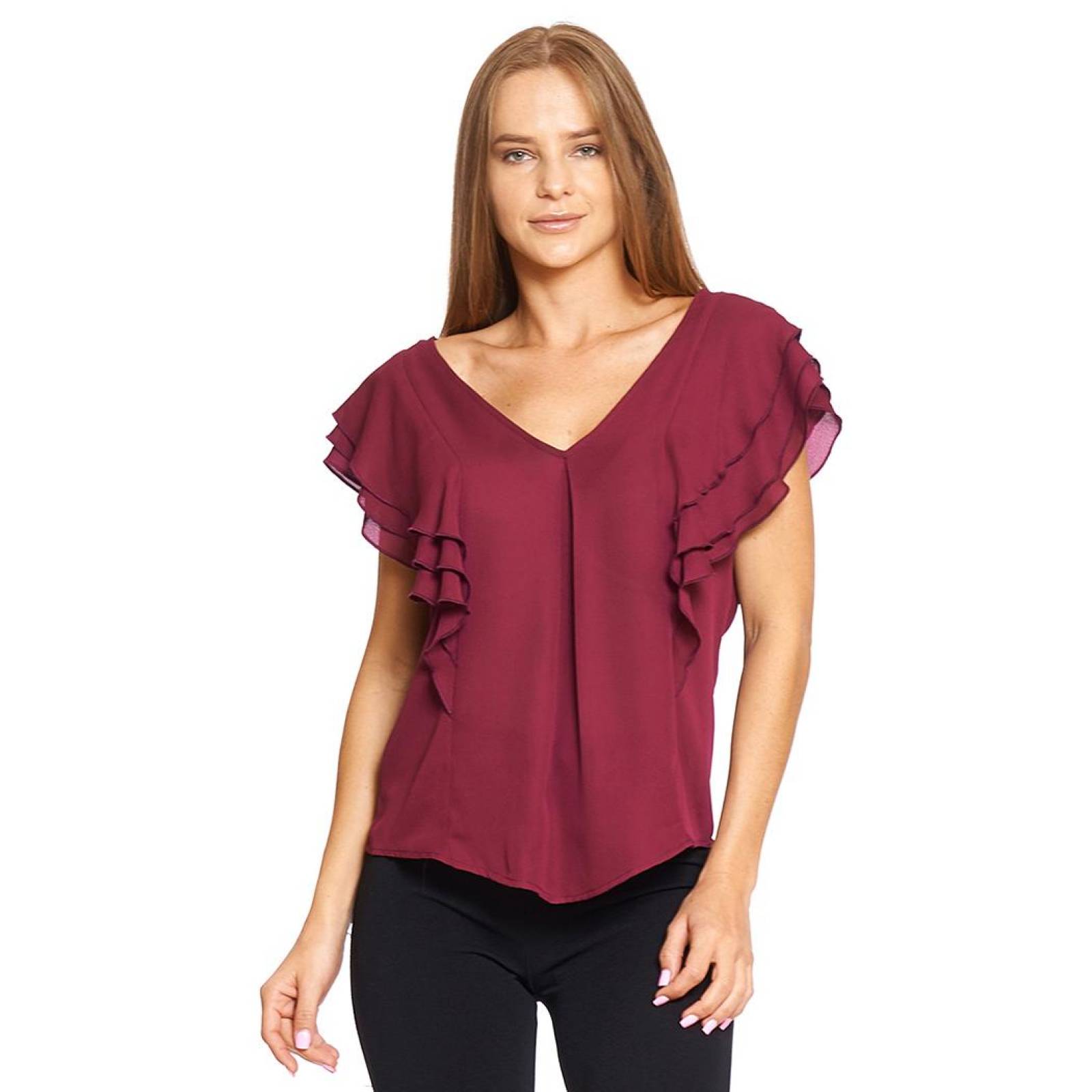 Blusa Con Olanes Mujer Escote V Manga Corta Casual 
