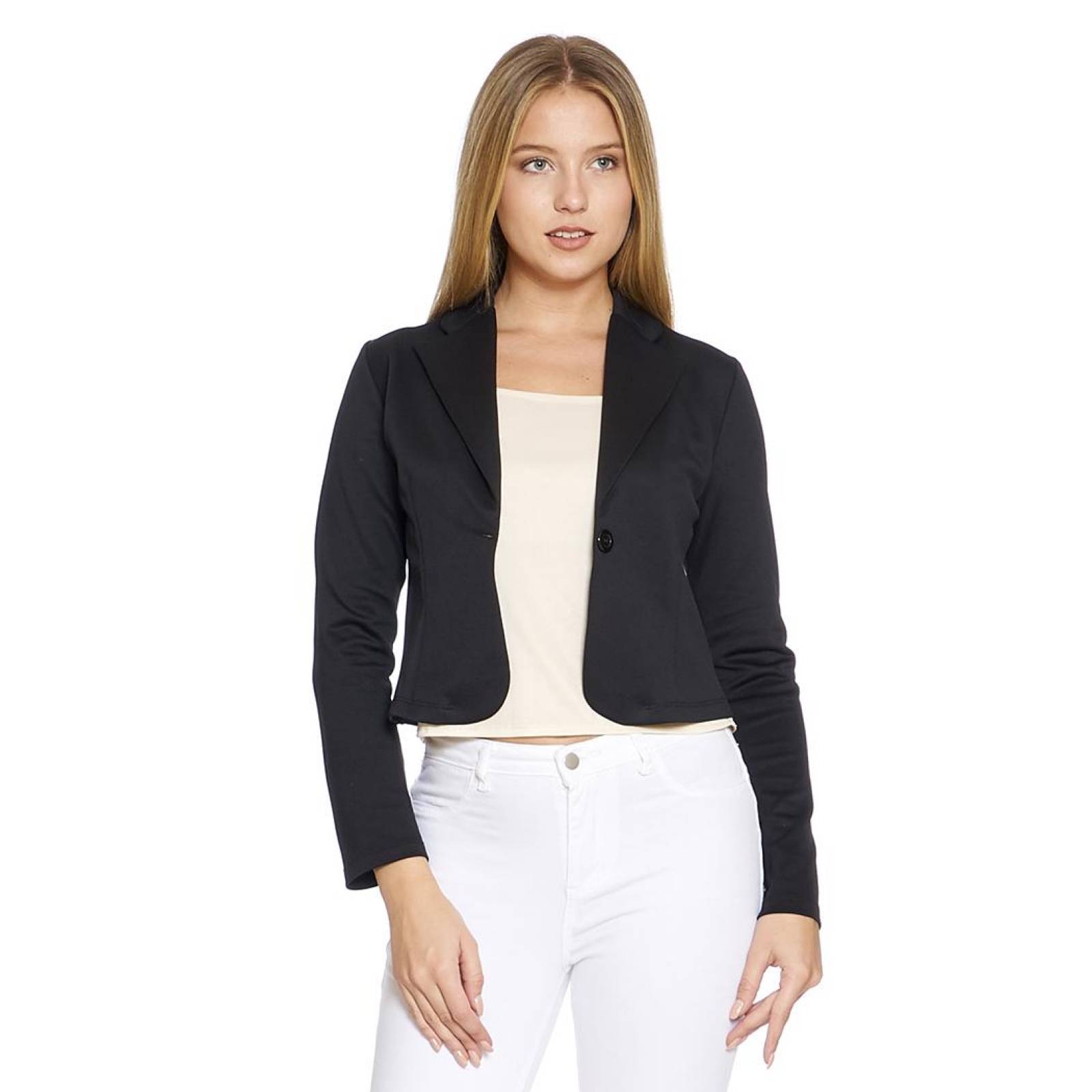 Blazer Corto Mujer Moda Formal Manga Larga Negro Detalle Botón Delantero 550415 