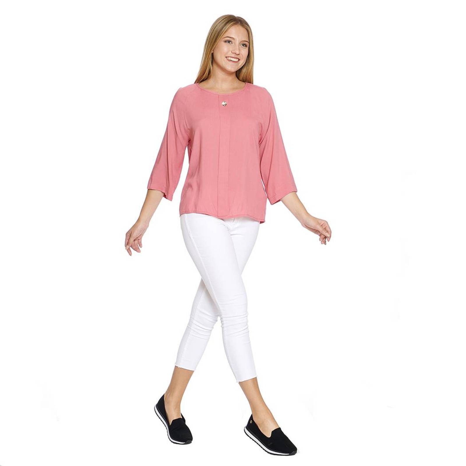 Blusa Para Mujer Con Botón Dorado Manga 3/4 Corte Holado Color Palo De Rosa Casual 550402 