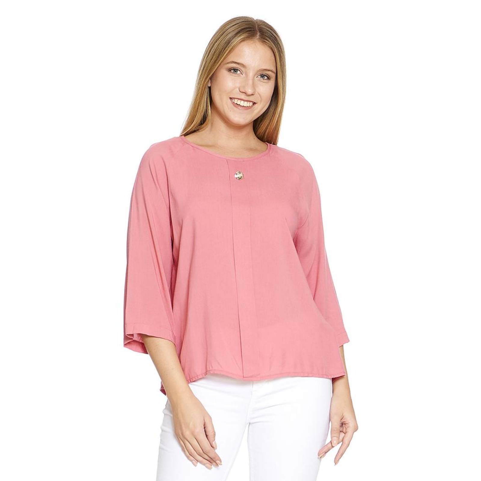 Blusa Para Mujer Con Botón Dorado Manga 3/4 Corte Holado Color Palo De Rosa Casual 550402 